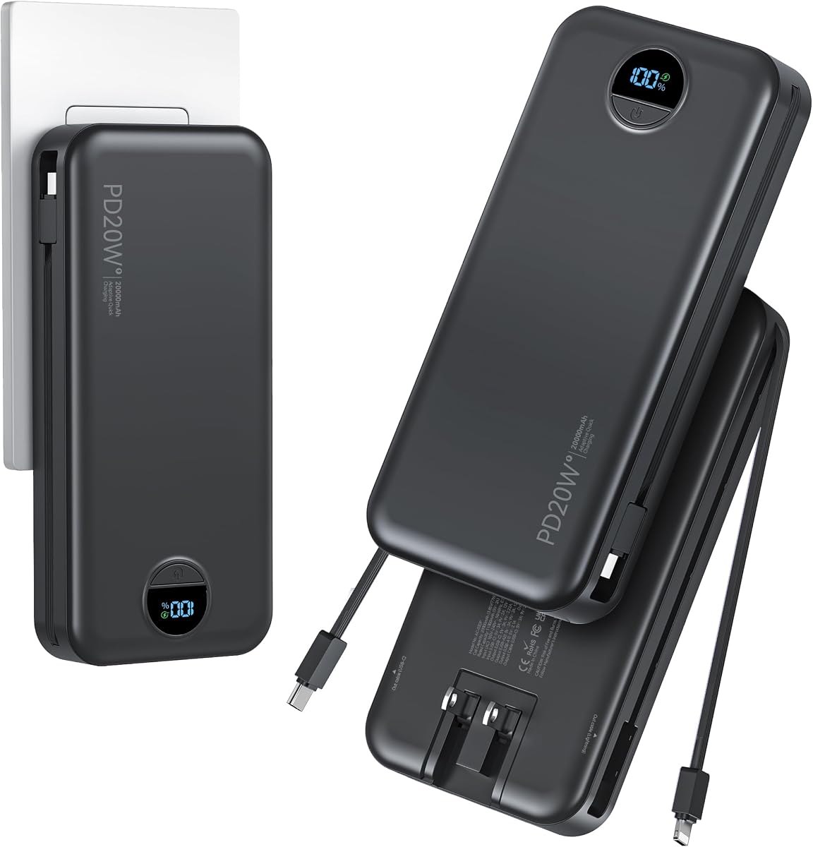 Banco de energía con cargador ultraportátil de 20000 mAh con cables incorporados y enchufe de pared de CA | PD20W USB-C cargador de batería de teléfono celular de carga rápida, banco de batería de viaje con pantalla LED para todos los iPhone, Samsung, Android