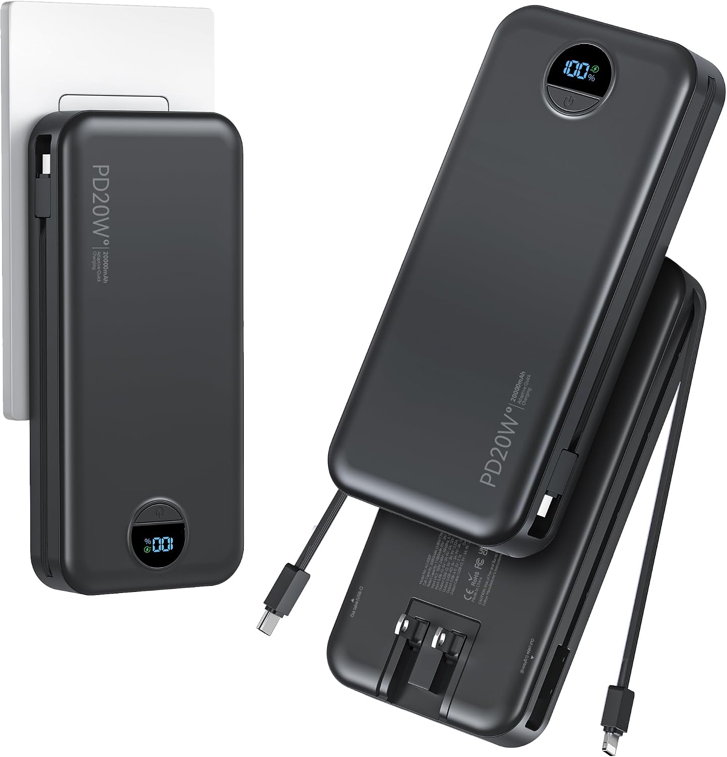 20000mAh Ultra Portable Charger Power Bank with inBuilt Cables&AC Wall Plug