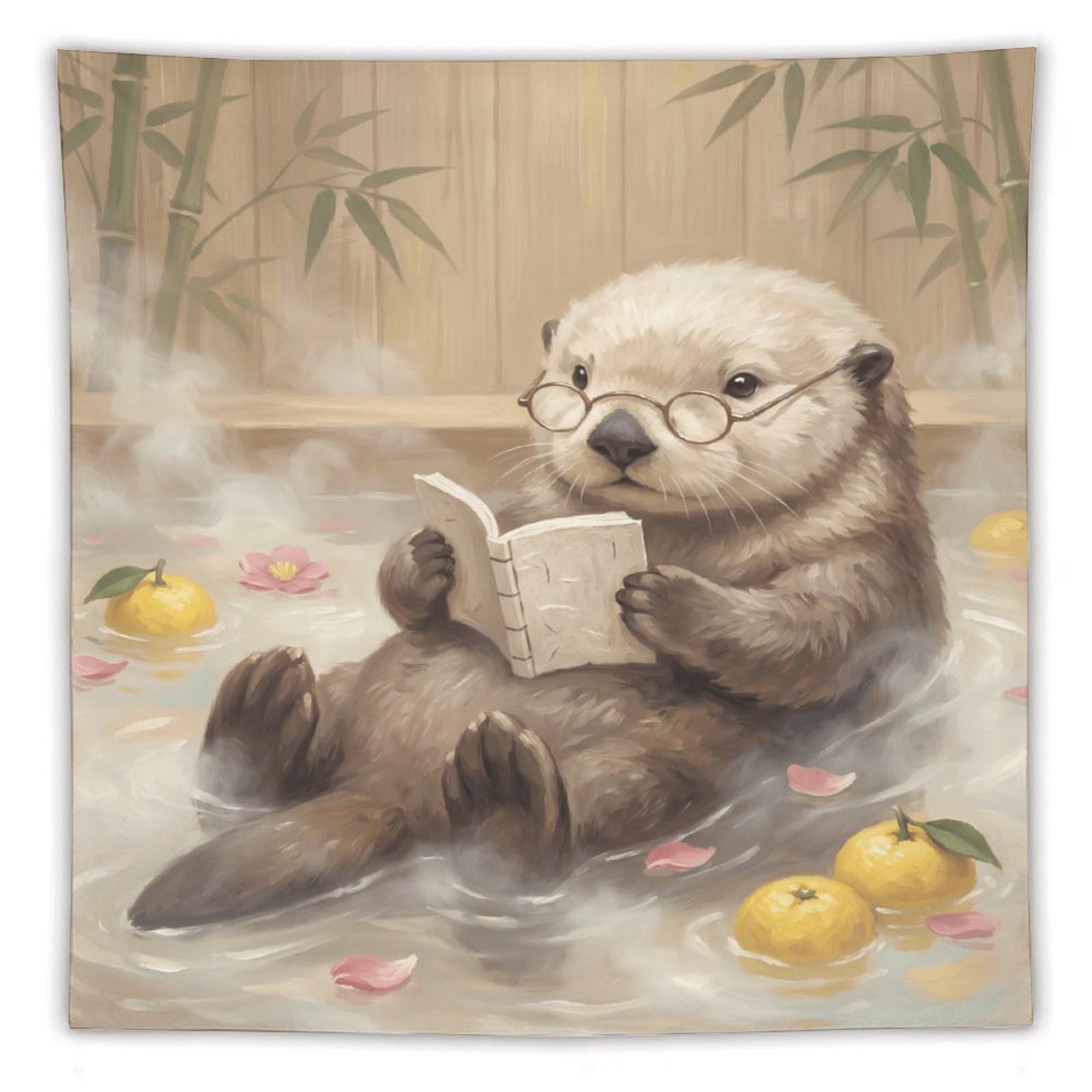 H3B8U2Y5 Reading Otter Bath Wall Tapestry, Realistic Illustration Style