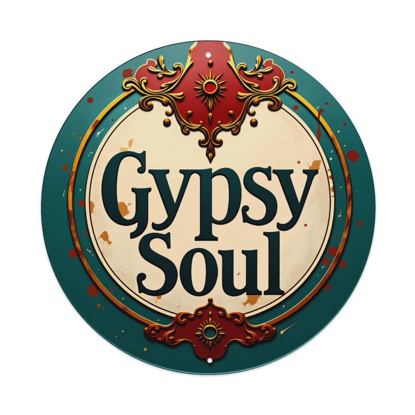 Gypsy Soul Ornate Red Gold Design Circular Emblem Round Tin Sign Vintage Metal Sign Home Bar Garden Wall Decor Metal Poster 8x8 Inch