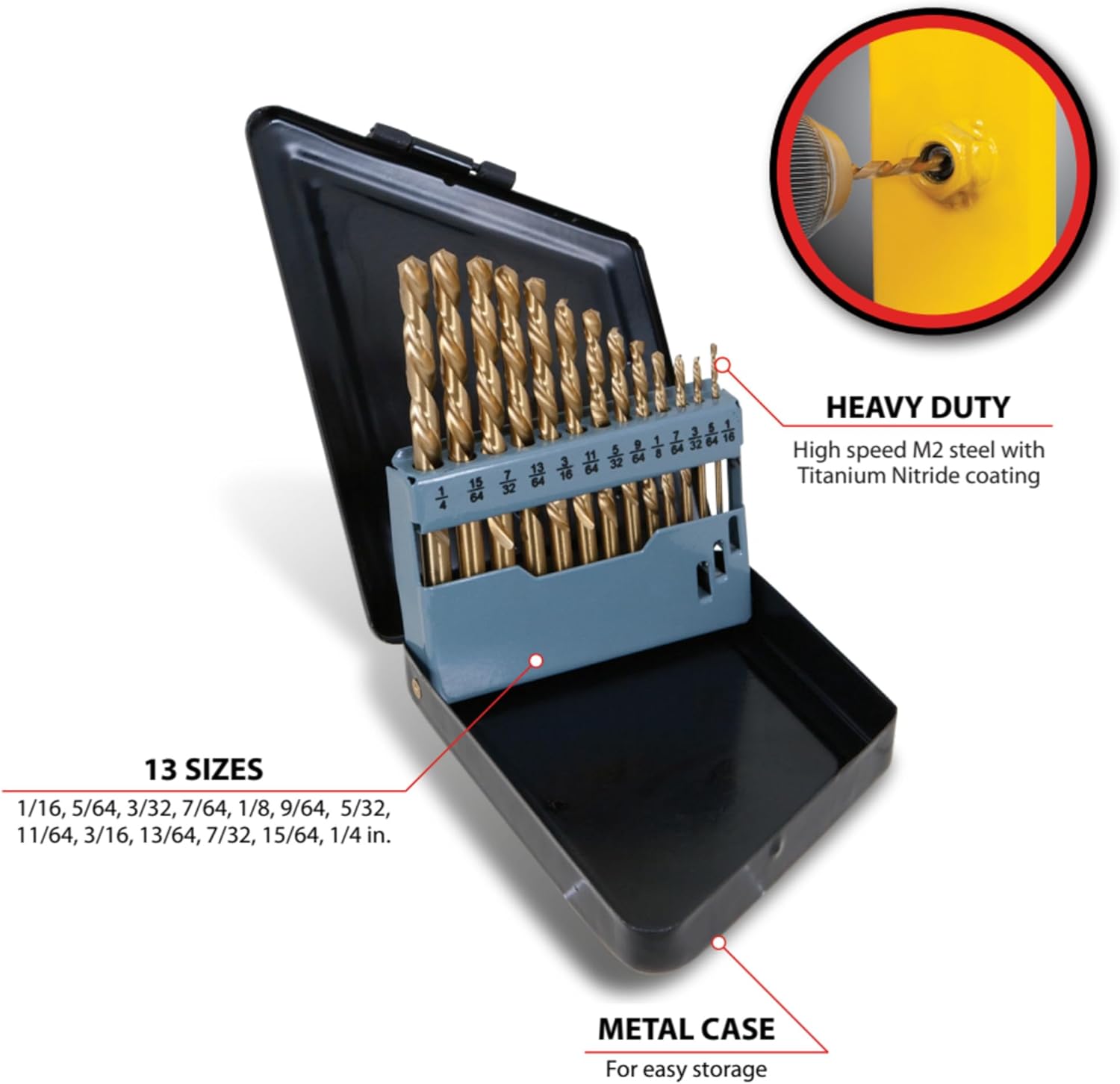 Performance Tool W9011 13pc Left Hand Drill Bit Set, With Titanium Nitride Coating SAE (1/16-Inch - 1/4-Inch)