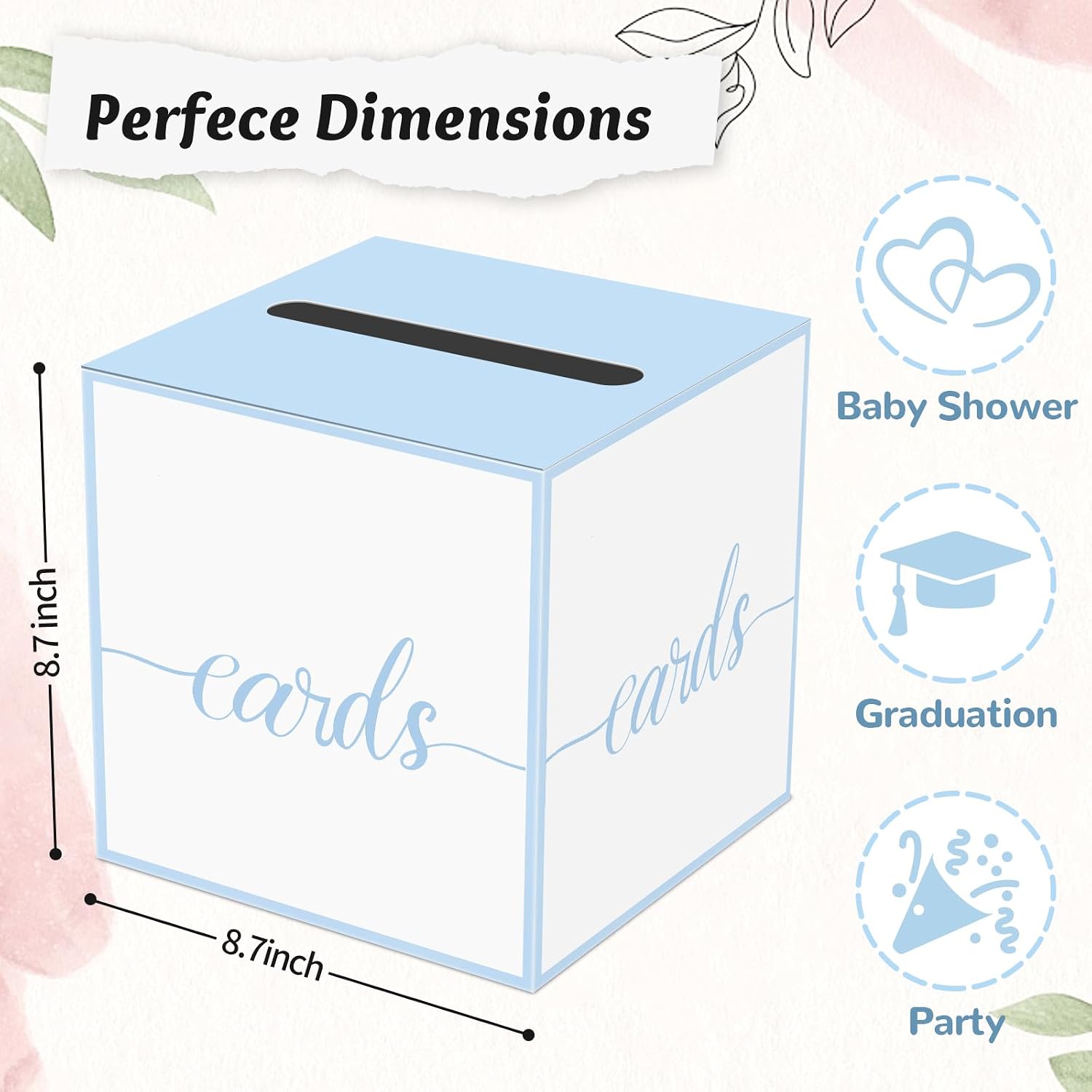 Card Box for Party; Box for Cards with Blue Trim; Ballot Box for Baby Shower, Gender Reveal Party, Wedding, Bridal Shower, Birthday; Envelope Boxes for Party
