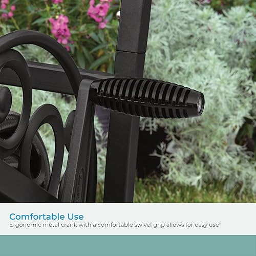 Miniatura 6 de Suncast Carrito de manguera decorativo de metal de 200 pies con ruedas planas y tapas de pie, elegante carrito de carrete de manguera de jardín para