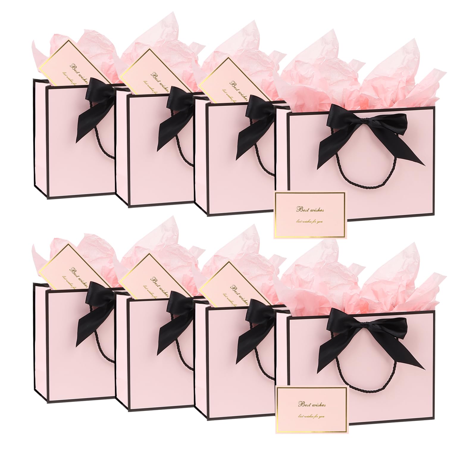 8Pack Medium Gift Bags with Handle,Bow Ribbon,Tissue Paper and card, 20x28x10cm Thank You Favor Bag for Graduaction Wedding Bridal Birthday Party Baby Shower Valentine Retirement (Pink&Black)
