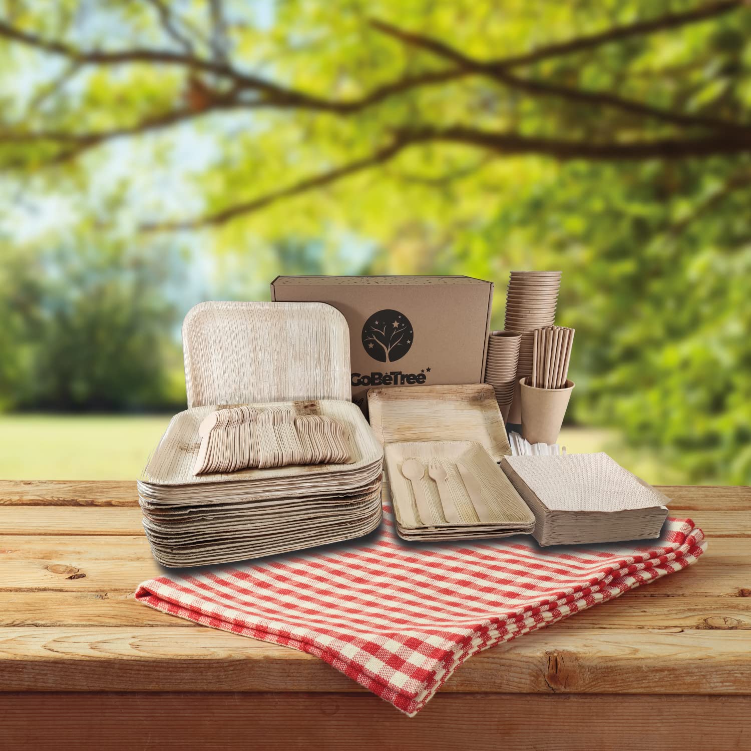 Stoviglie Usa e Getta - In Foglie di Palma, 255 Pezzi per 25 Persone, Piatti Monouso Quadrati con Vassoi, Posate in Legno, Bicchieri in Kraft e Bicchieri da Caffè con Bastoncini, Campeggio e Barbecue