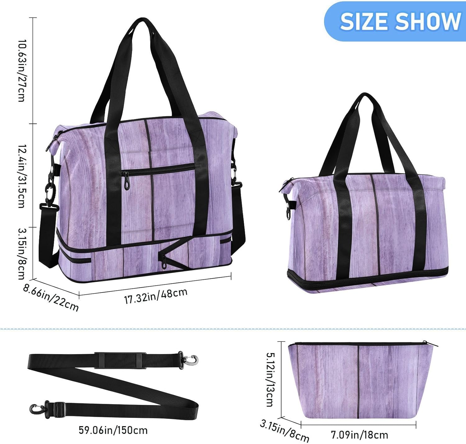 Purple Wood Grain Sports Tote Gym Bag Sports Gym Tote Bag with Adjustable Strap for Airplane Traveling Foldable