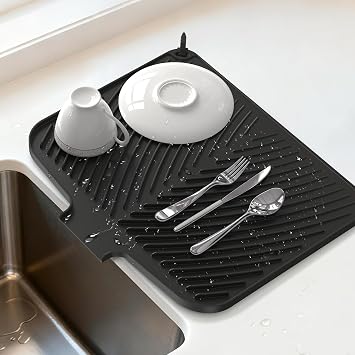 Belife Dish Drying Mat for Kitchen Counter, Silicone Dish Drainers Pad, Non-Slip Under Sink Dish Drying Rack, Heat Resistant Small Stone Drying Board 16.9" x 14.6", Black