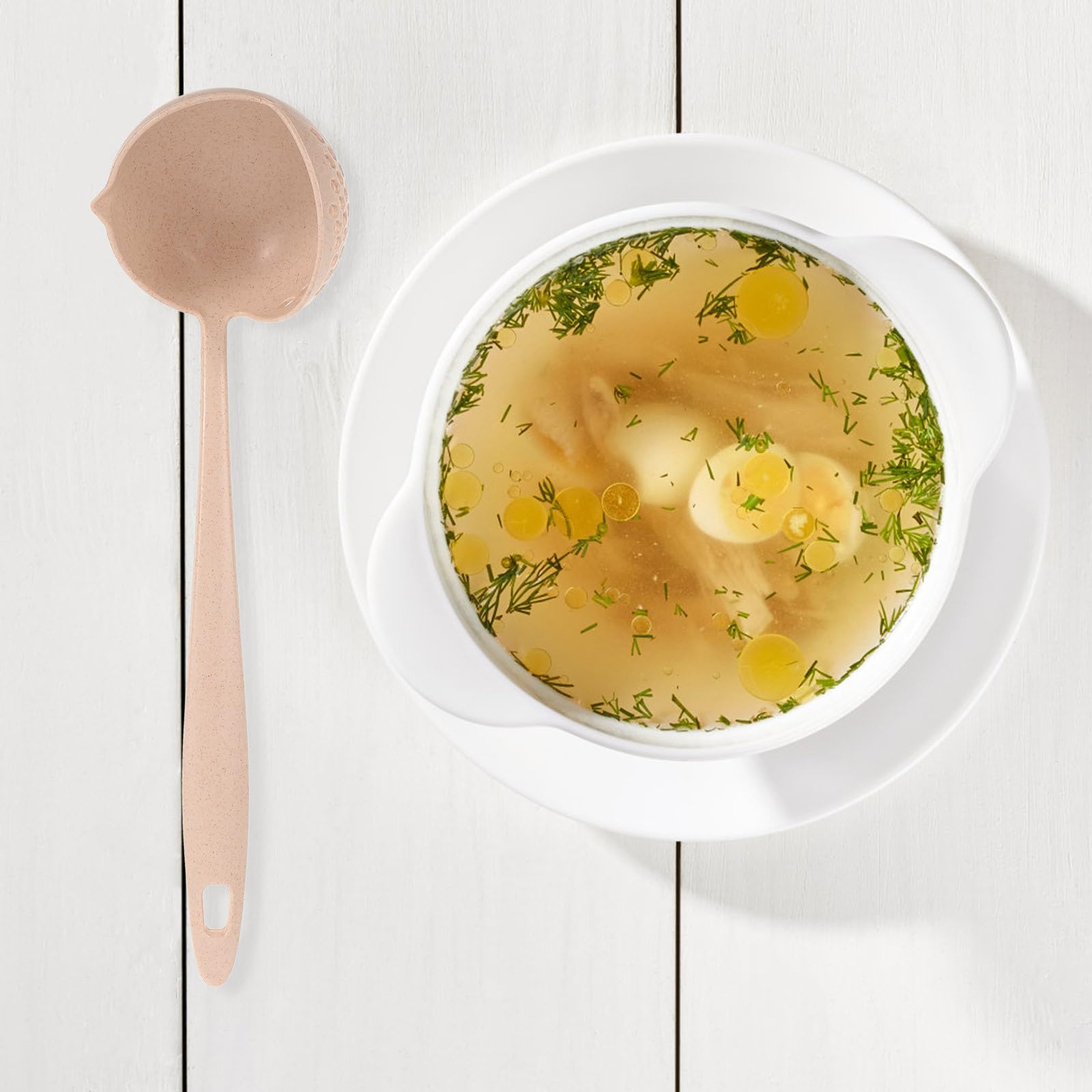 HANABASS 2-in-1 Silicone Soup Ladle with Strainer - Heat-Resistant Cooking Spoon for Separating Liquids/Solids, Beige Kitchenware (Plastic Handle, Pan Filter Tool) - Image 2