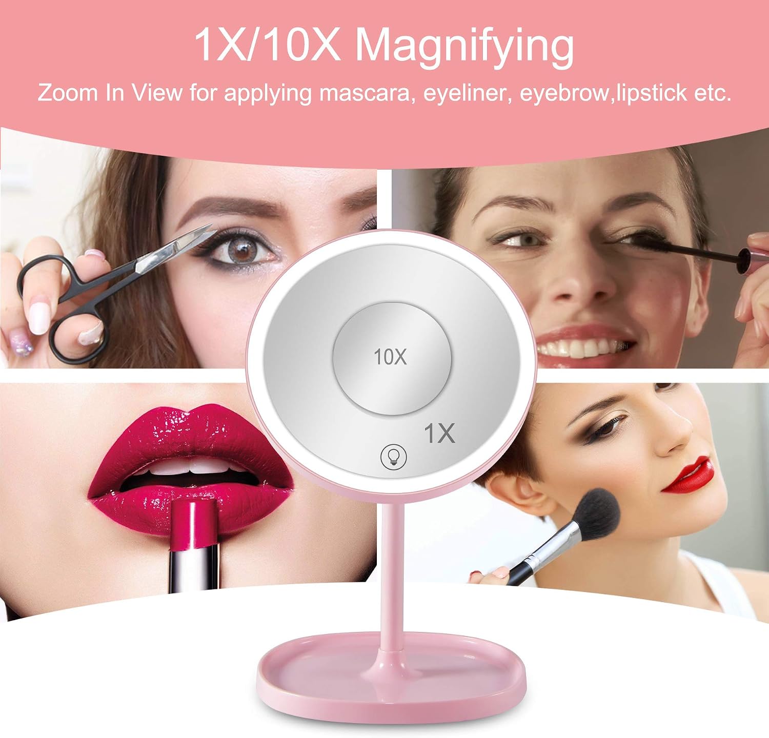 Sailstar LED Makeup Mirror, 4000K Makeup Mirror with Lights, Touch Screen Dimming, 1X/10X Magnification, 180 Degree Rotation, Support USB Charging, Detachable Portable Mirror