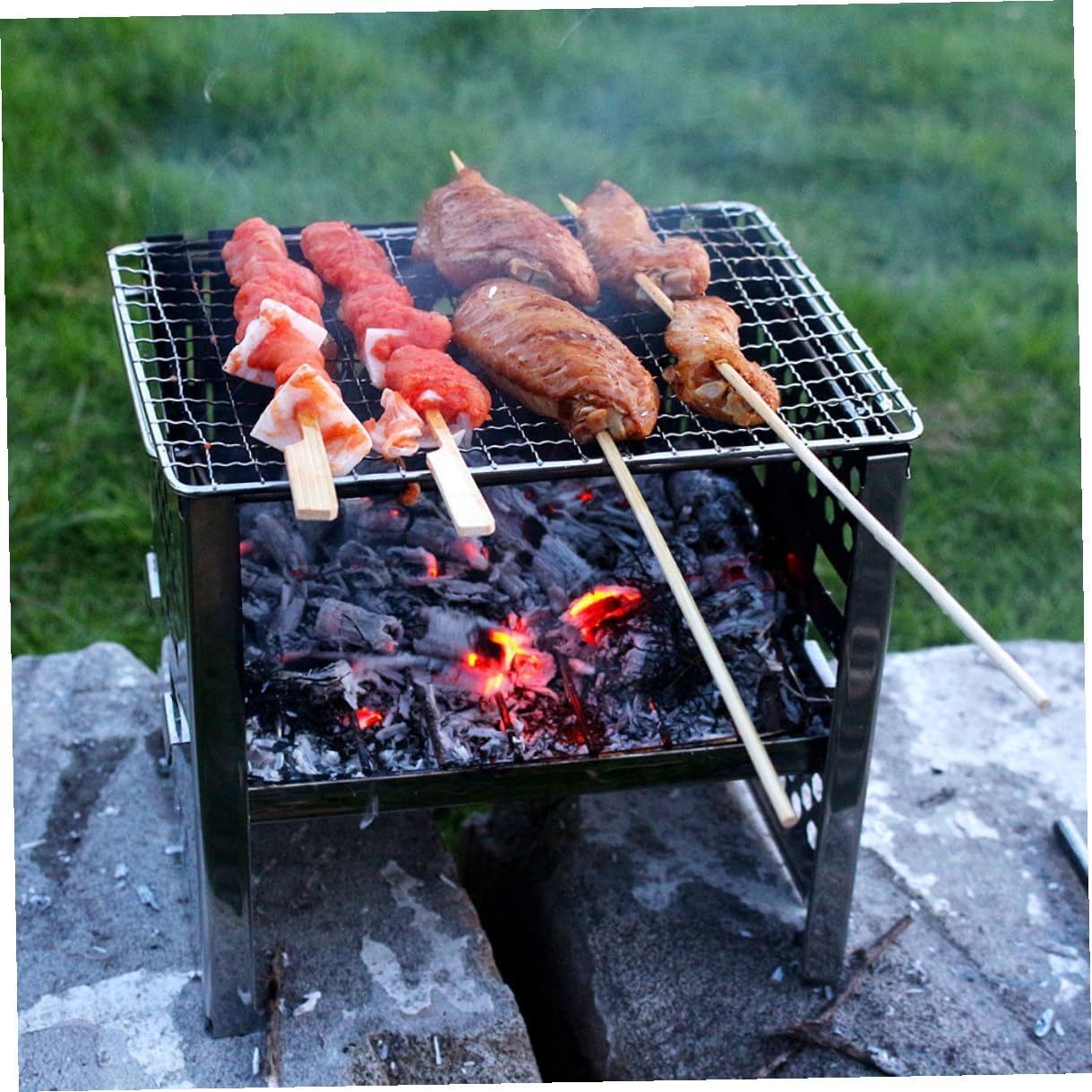 Zerodeko Stainless Steel Bbq Grill Portable Foldable Barbecue Stove Adjustable Height Outdoor Camping Picnic Garden Firewood Burner Tool