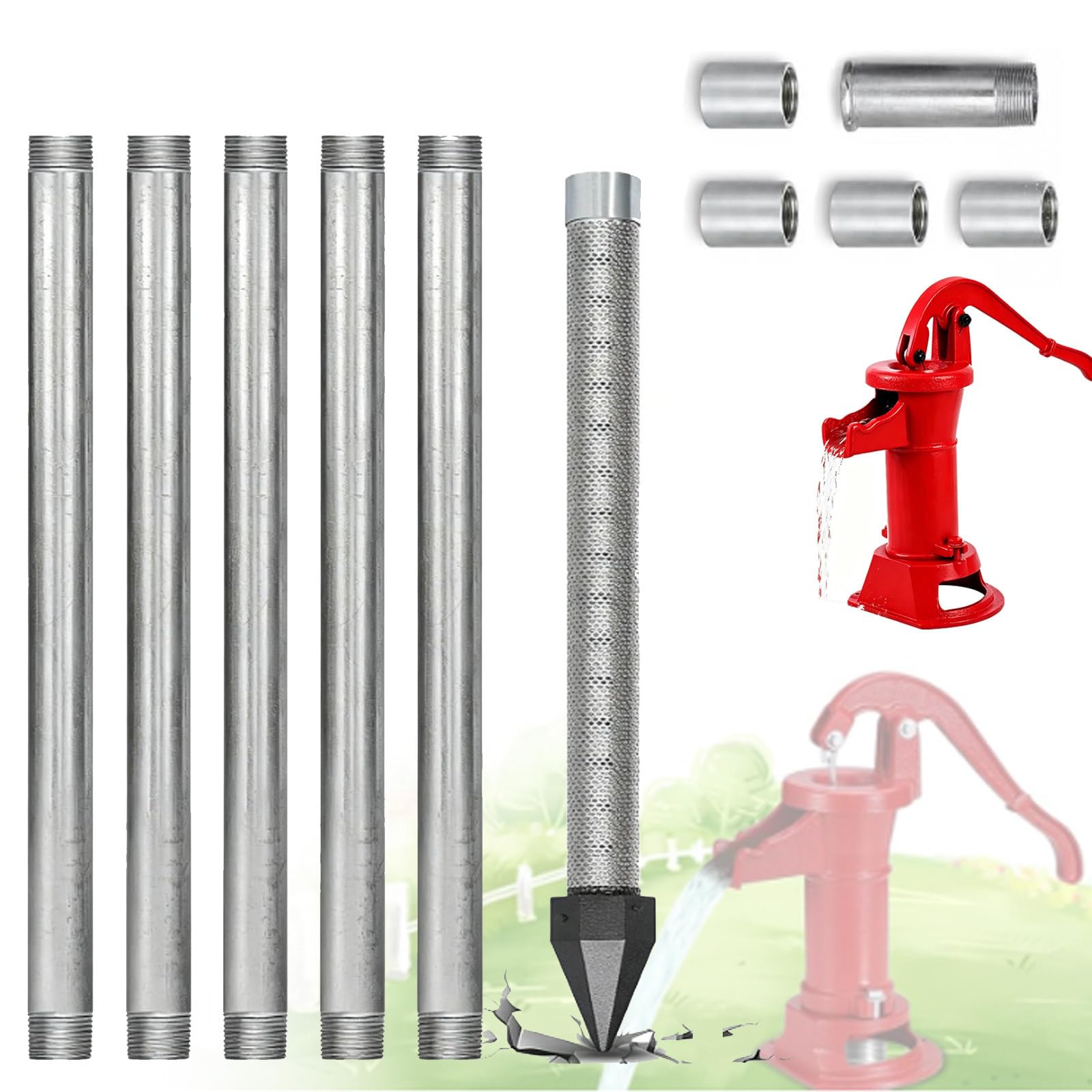 Well Drive Point Kit, 1-1/4 Stainless Steel Well Drive Point+3/5 39" Galvanized Well Pipes+ Pitcher Pump(Optional), Shallow Well Drilling Kit for Sand Point Well & Soft Soil Well 6M-WithWaterPump