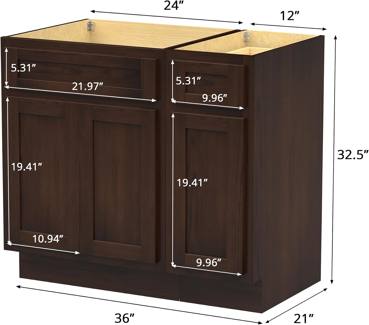 HomeBeyond 36 Inch Bathroom Vanity Base Only, Single Vanity Cabinet with Dove-Tailed Drawers, Soft-Closing Doors, Brown, Without Top,Small