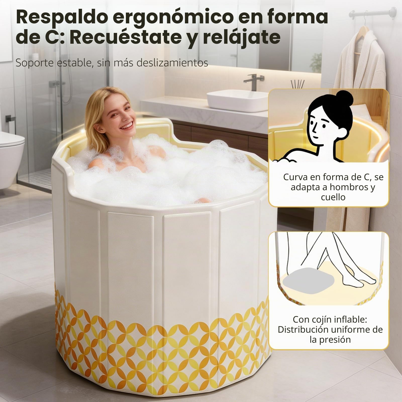 80 cm Bañera Plegable Adultos, Bañera Adultos Portátil con Respaldo, 2 en 1 Baño de Hielo y Agua Caliente, No Requiere Montaje, Incluye Cojín, Manguera de Drenaje, para Hielo Ducha, Spa y Sauna | Bañera portátil con aislamiento de 5 capas, respaldo en C,