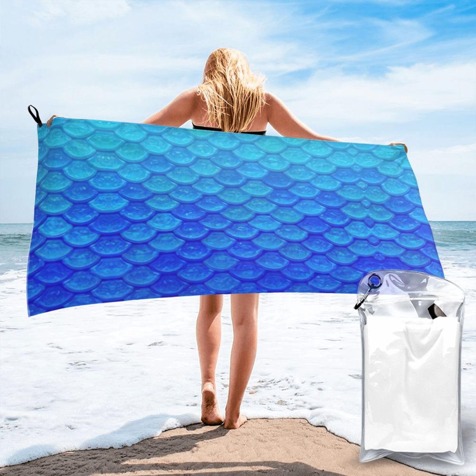 AYYQWE Ocean Sea Blue Mermaid Fish Scale Print Lightweight Towel For Men Women Travel Beach Camping Hiking Yoga Swimming Sports
