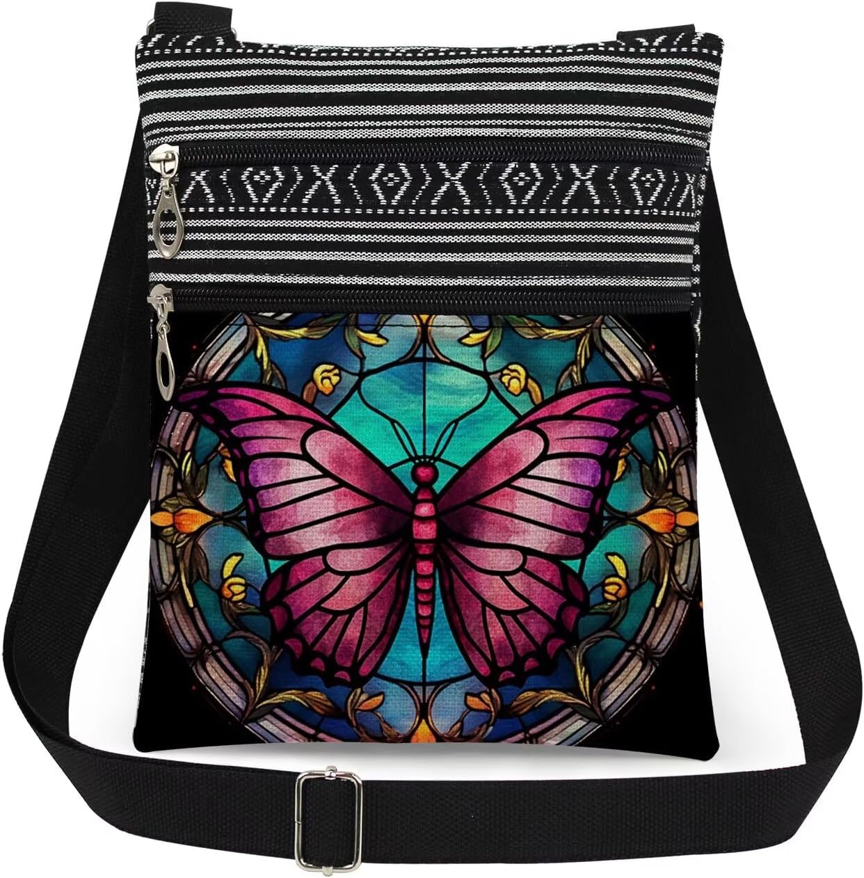 Stained-Glass Style Butterfly Crossbody Bag Women Adjustable Shoulder Strap Messenger Bag Men Travel Purse Birthday Gift Mother's Day Present Christmas for Friend Nature Lover Adults