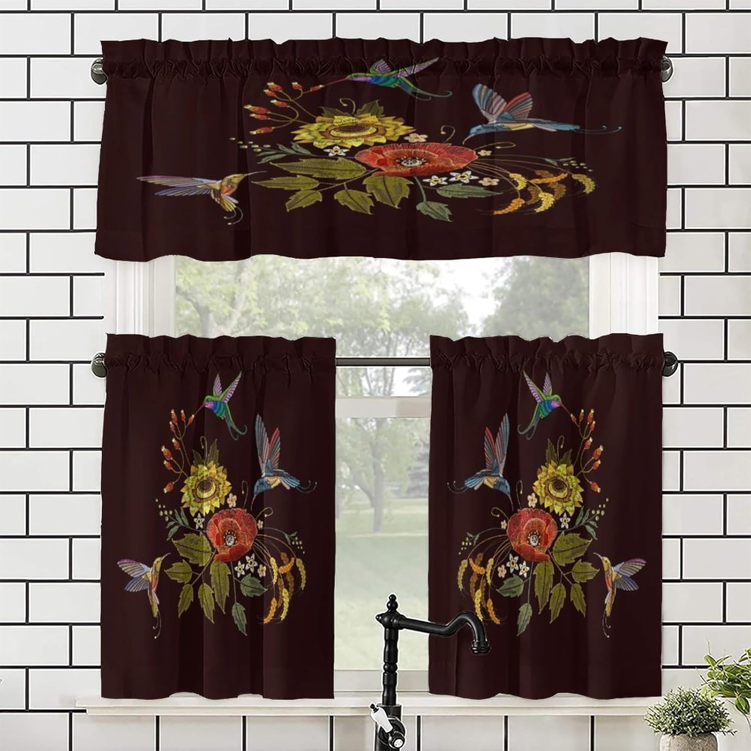 Brebasf Spring Hummingbird Valance for Window Curtains,Abstract Floral Birds Romantic Blue Flowers Rod Pocket Curtains Valance Window Treatment 1 Valance(54"x18")&2 Tiers(27.5"x36")