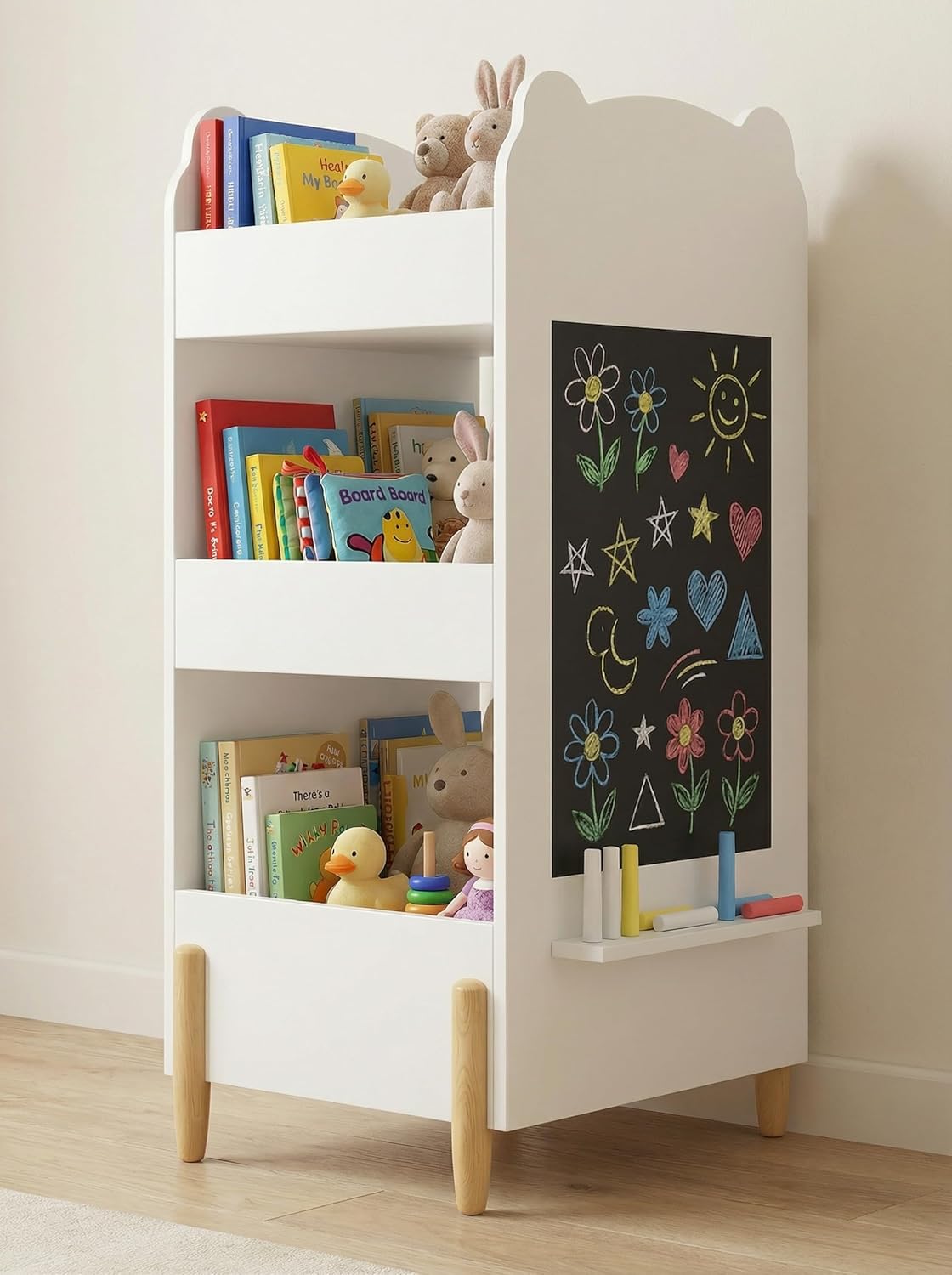 Kid Toy Bookcase,3-Tier Bear Shaped Wooden Kids Bookshelf with Legs, Montessori Bookshelf with Blackboard for Toys and Books, Storage Organizer for Living Room/Bedroom/Nursery/Kids Room-White