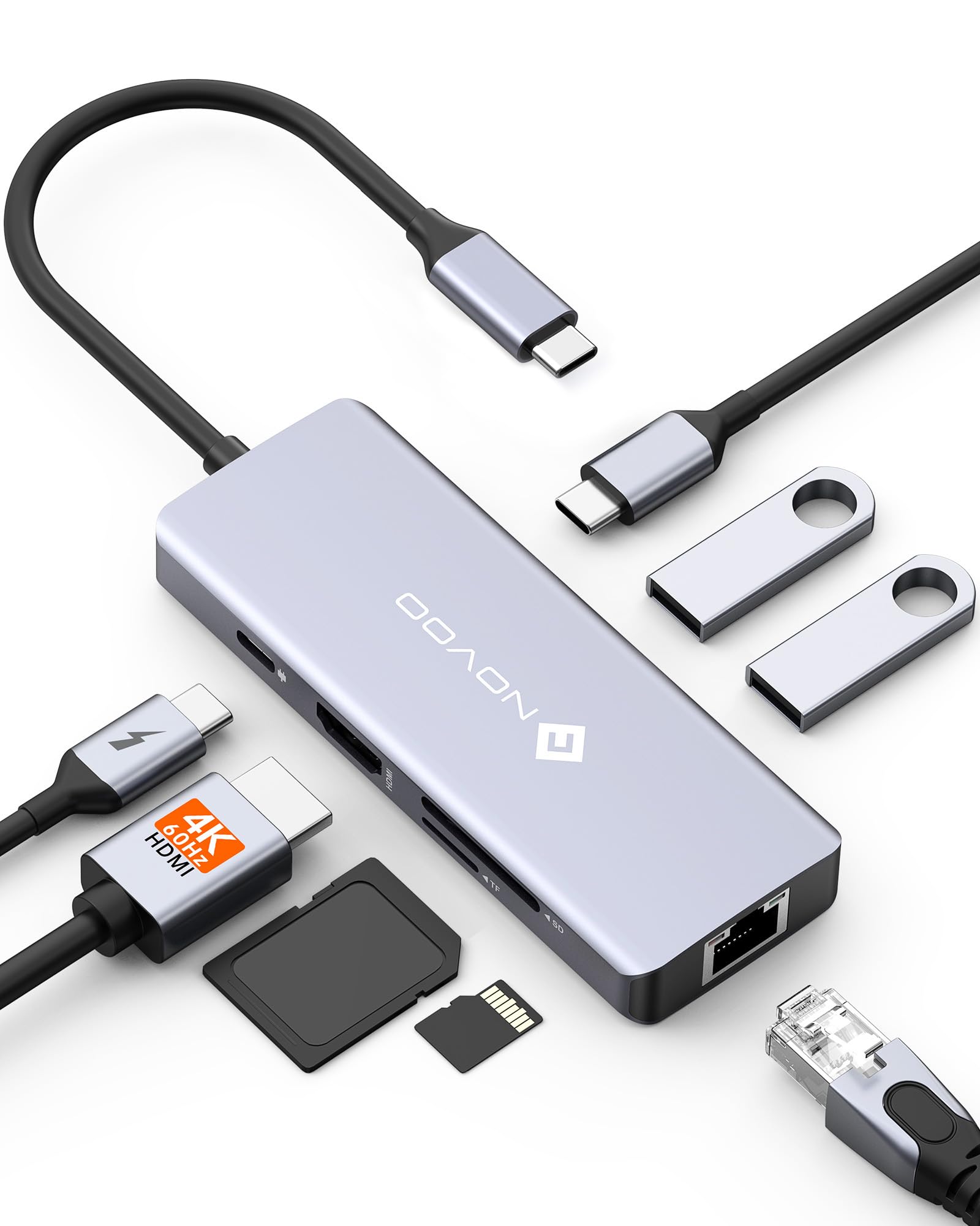 NOVOO Koncentrator USB C do Ethernet, 8 w 1, USB C na HDMI 4K, 100 W PD, USB C 3.0, USB A 3.0, Multiport SD/TF do MacBooka Pro Air M2 M1 Surface iPad Galaxy HP