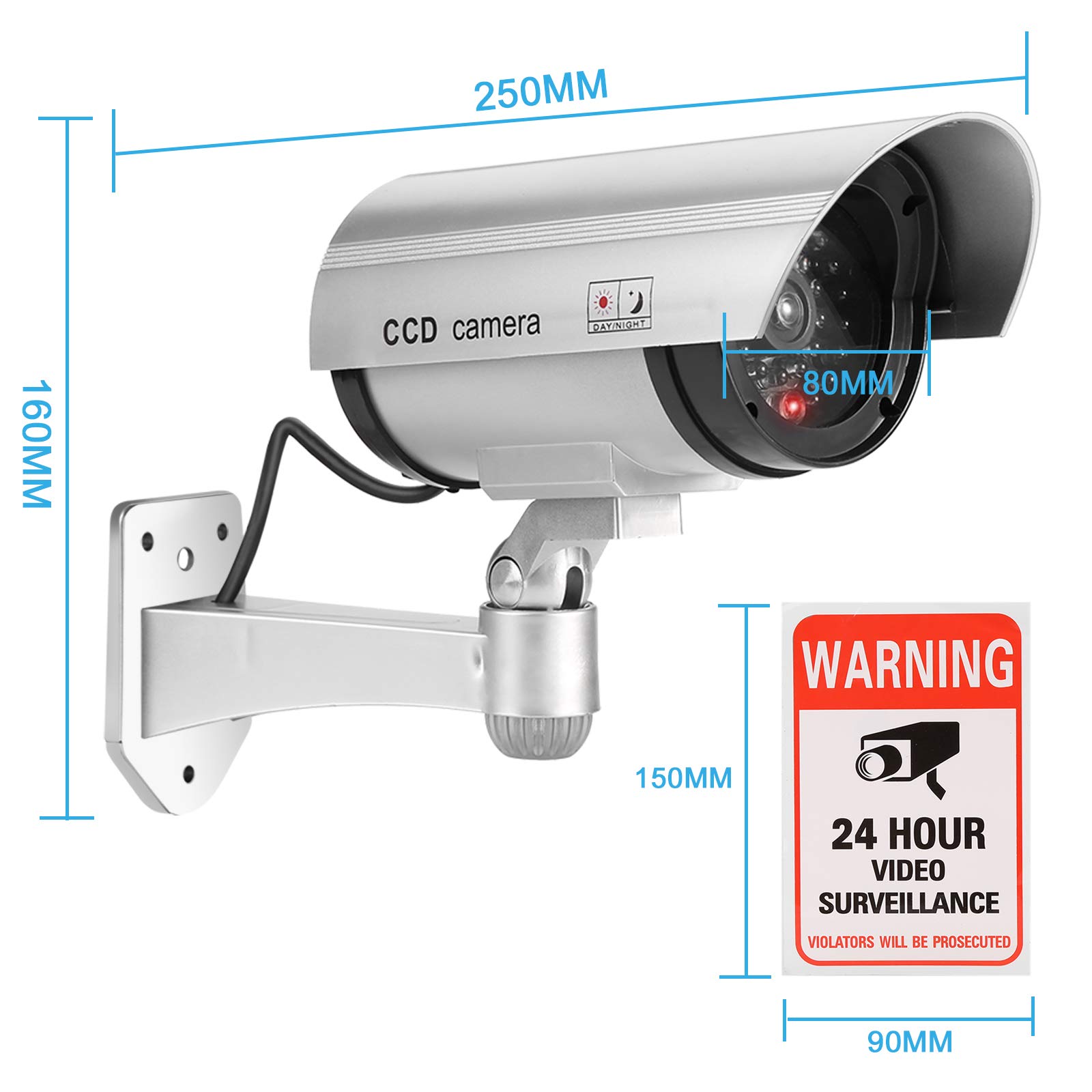 FITNATE Lot de 4 caméras factice d'extérieur - Fonctionne avec piles - Résistant à la pluie - Système de surveillance CCTV avec lumière LED rouge clignotante - 4 autocollants d'avertissement de