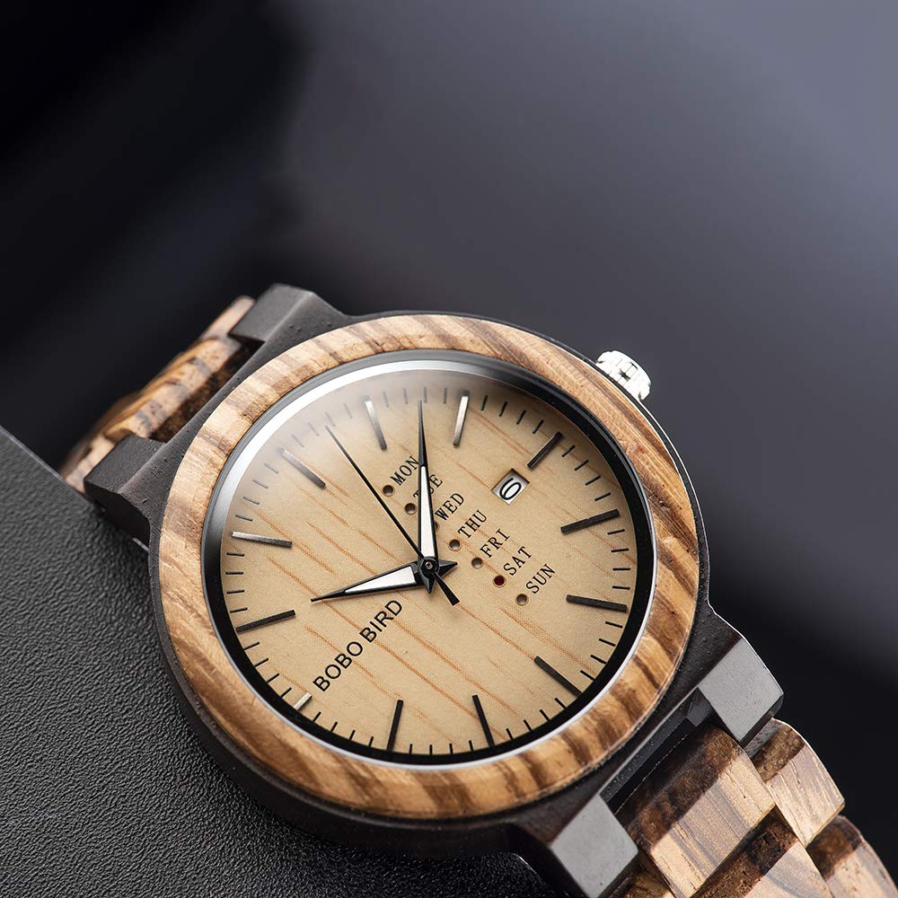 BOBO BIRD Reloj analógico de madera para hombre, de cuarzo, con visualización semanal, ligero, hecho a mano, reloj de pulsera para hombre