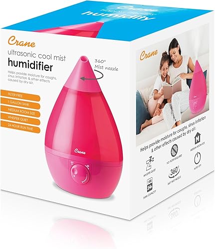 Vista 8 de Crane Ultrasonic Humidifiers for Bedroom and Office, 1 Gallon Cool Mist Air Humidifier for Large Room and Home, Humidifier Filters Optional, Pink