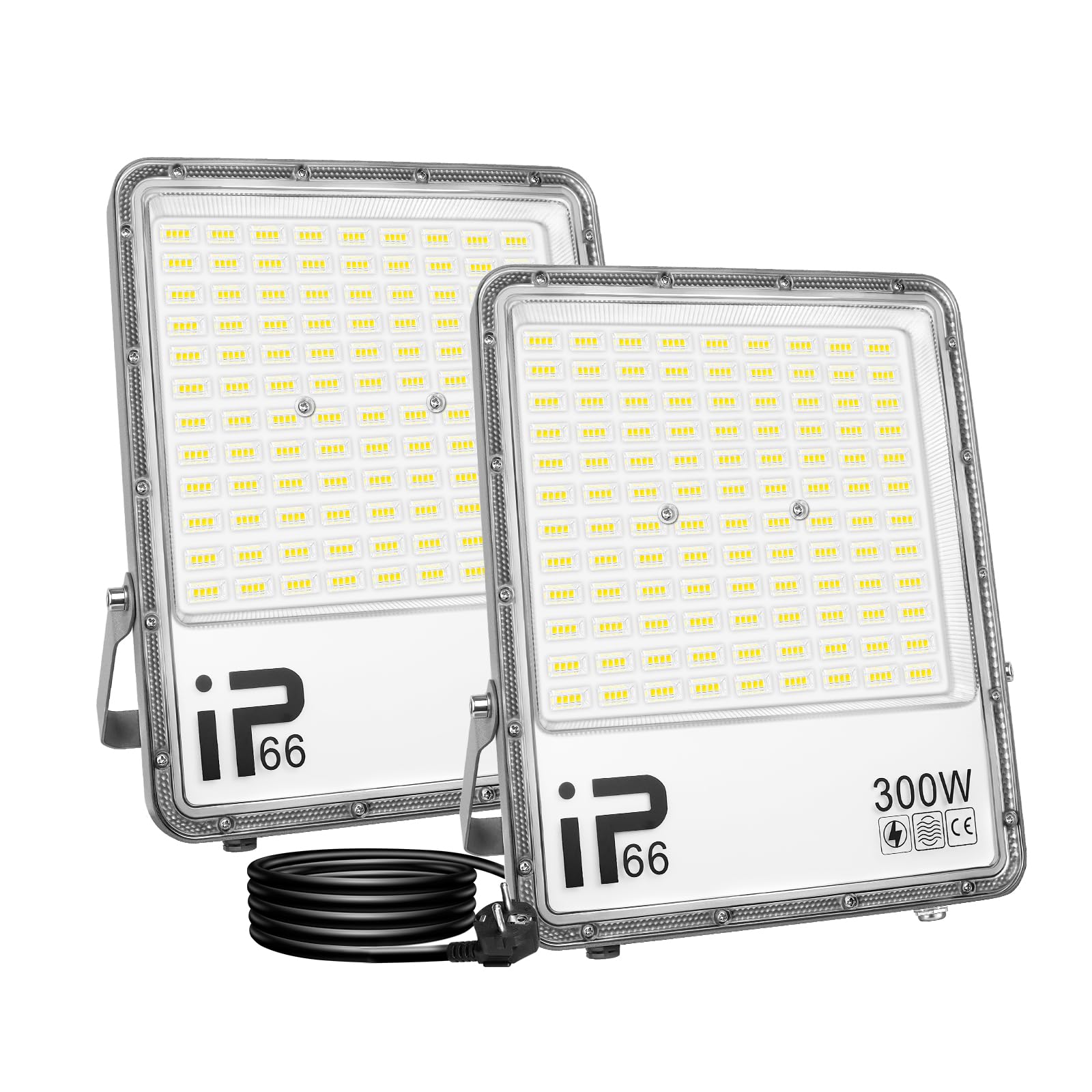 SKYWORLD Focos LED Exterior, 2 x 300W 30000lm foco led con enchufe, Impermeable 6000K Blanco Proyector LED Exterior, Iluminación de Exterior Seguridad para jardín garaje terraza patio trasero