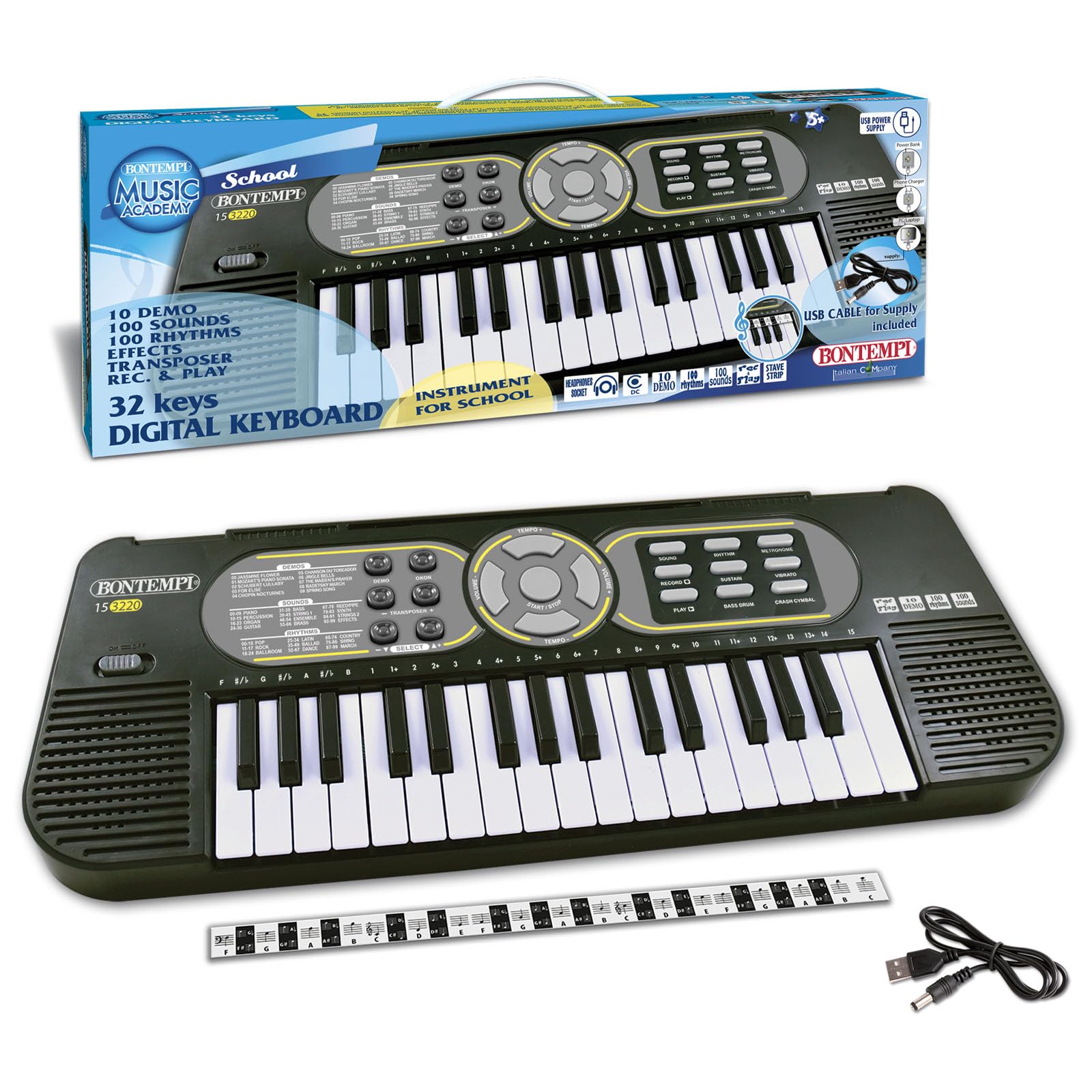 Bontempi | MiniKey - Tastiera Portatile a 32 Tasti con Passo Mini e Versatile Opzione di Alimentazione, 430x160x50 mm