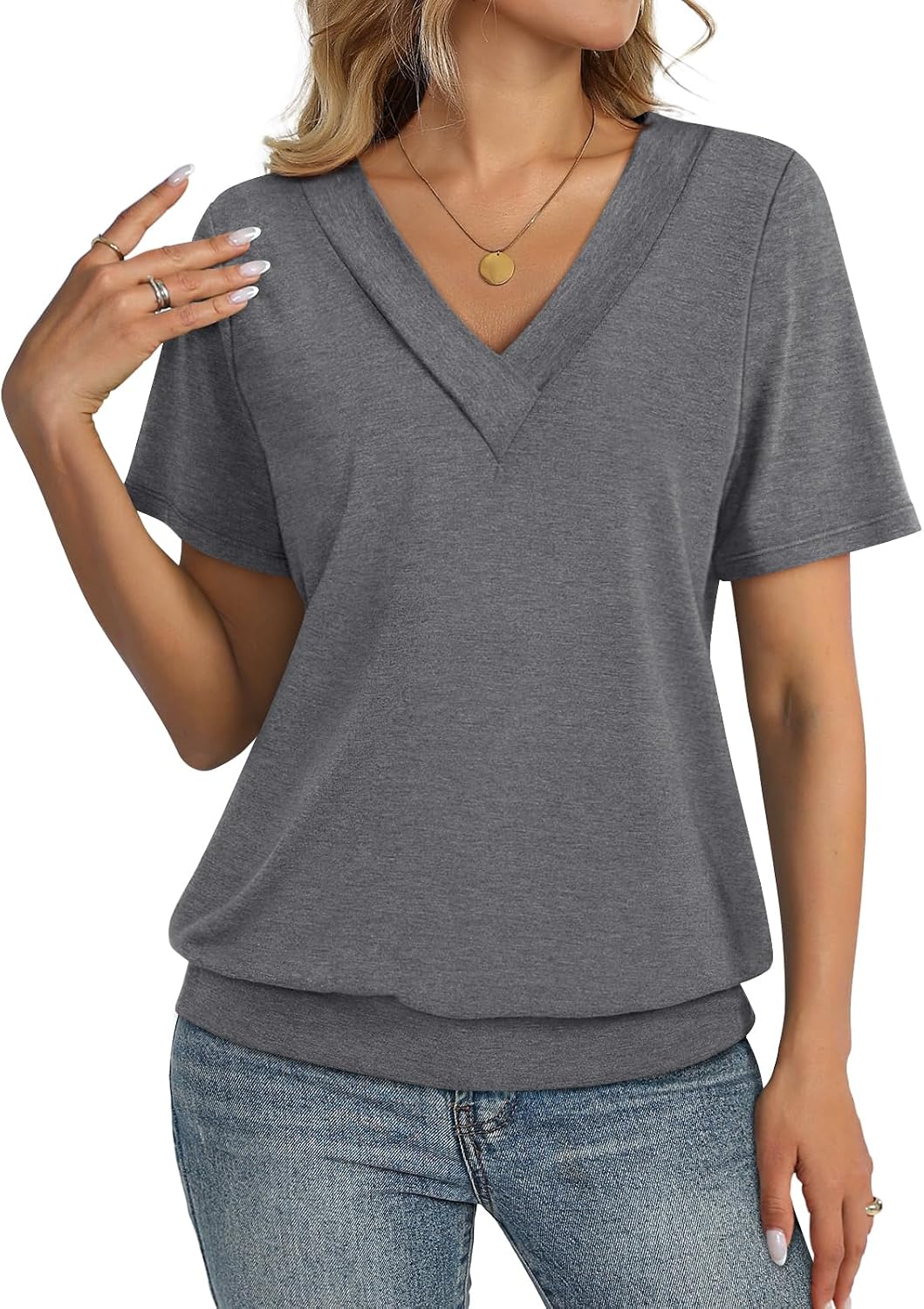 TICTICMISS Womens Short Sleeve Tops Banded Bottom V Neck Summer T Shirt Casual Basic Tees Trendy Tops Summer Clothes