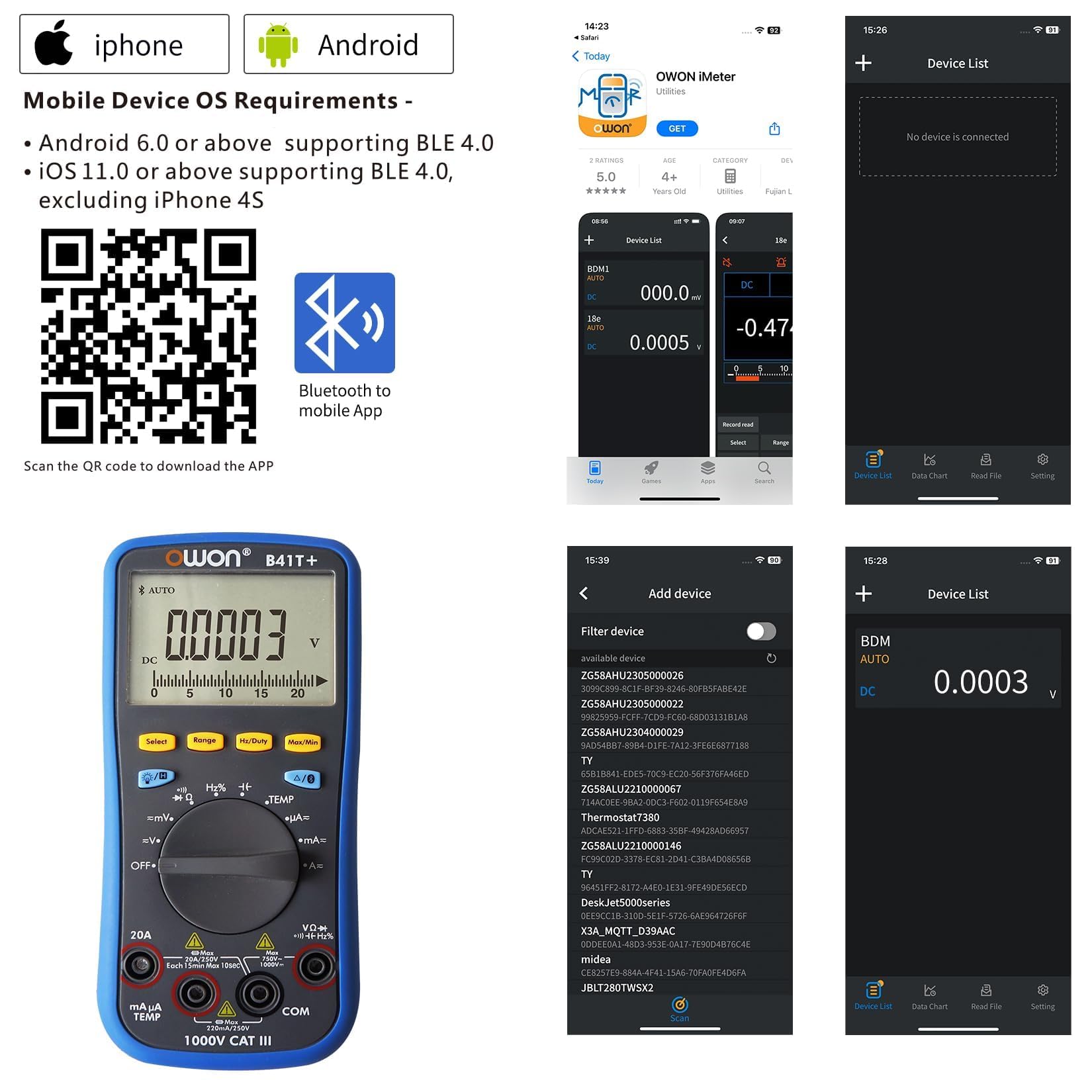 OWON B41T+ Bluetooth Multimetro Digitale Auto-ranging TRMS 22000 Conta Ohmmetro per Tensione AC/DC, Corrente, Resistenza, Continuità, Capacità, Diodi, Misurazione della Temperatura, Voltmetro