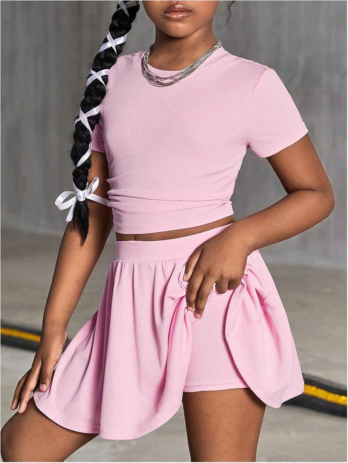 Girl's 2 Piece Skirt Set Ruched Ribbed Knit Shirt Short Sleeve Crop Top Skorts Mini Skirt Going Out Outfit - Image 4
