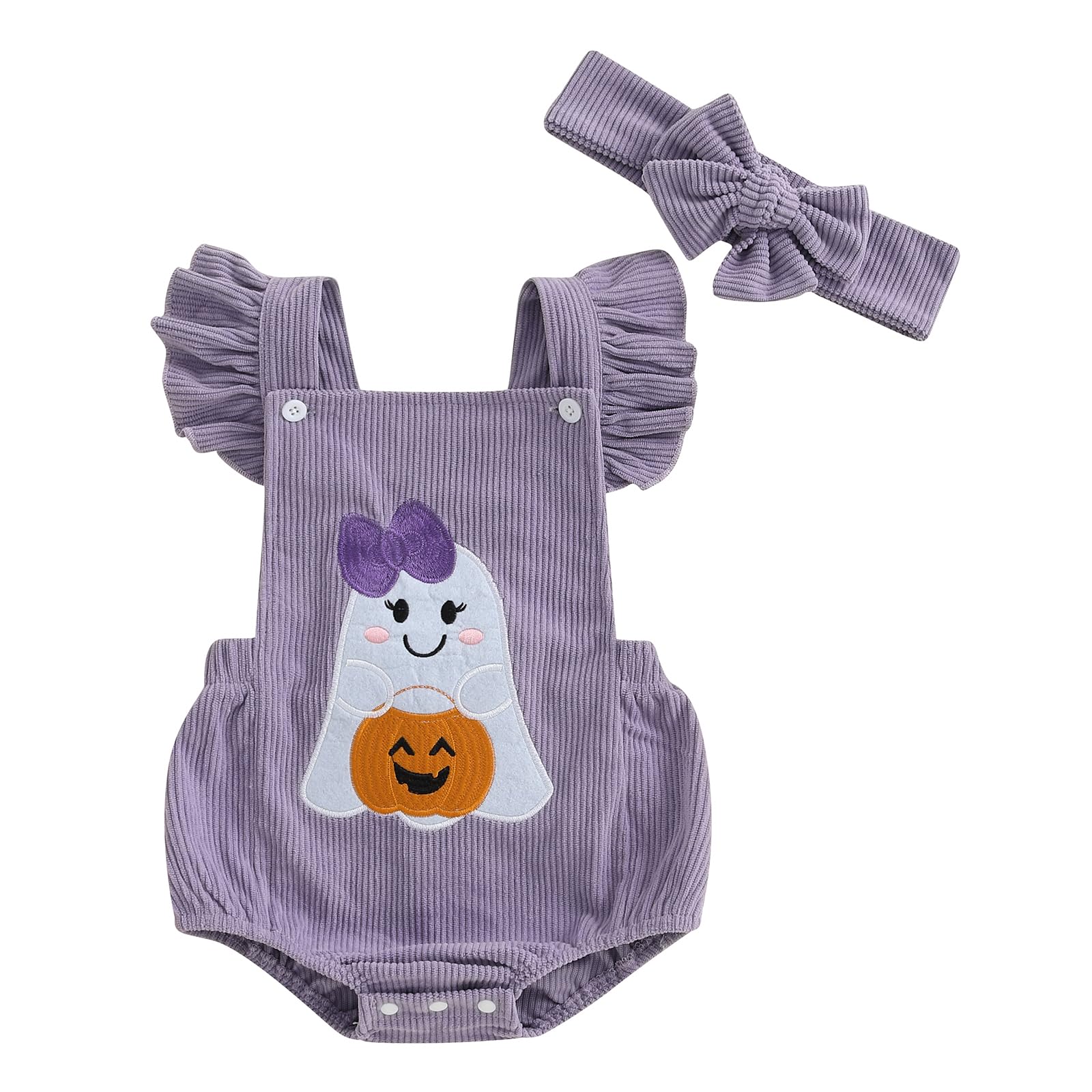Briwee Baby Girl Halloween Outfits Ruffle Embroidery Romper with Headband Set (Purple, 12-18 Months)