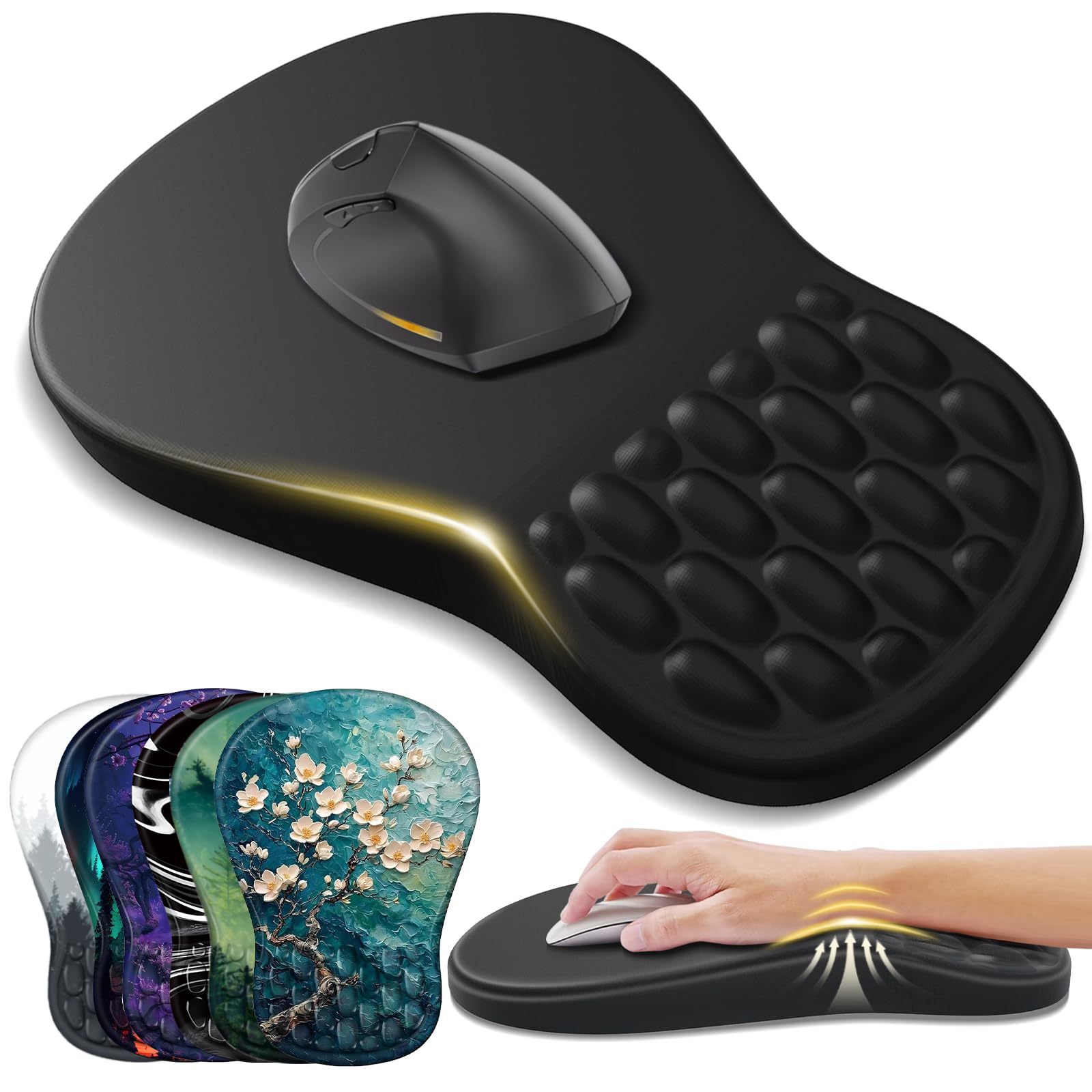 YIWEI Ergonomic Mouse Pad with Wrist Support - Gel Memory Foam Mouse Mat for Computer Keyboard & Laptop - Non-Slip Base, Pain Relief for Home Office & Gaming - Black