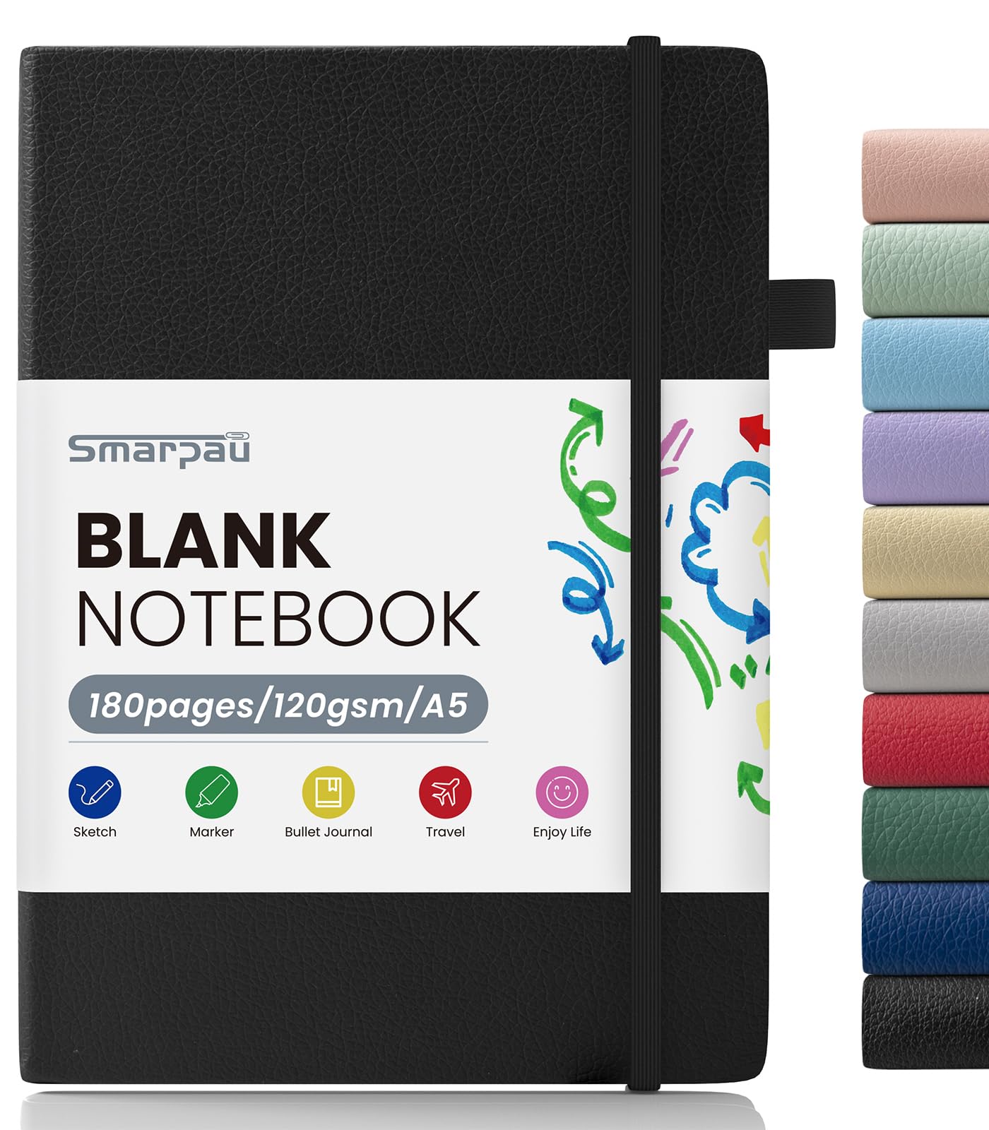 Smarpau A5 Blank Journal Notebook, 180 Pages Hardback Plain Notebook with 120gsm Blank Paper, Leather Unlined Notepad for Sketch Office School Travel Writing, Black