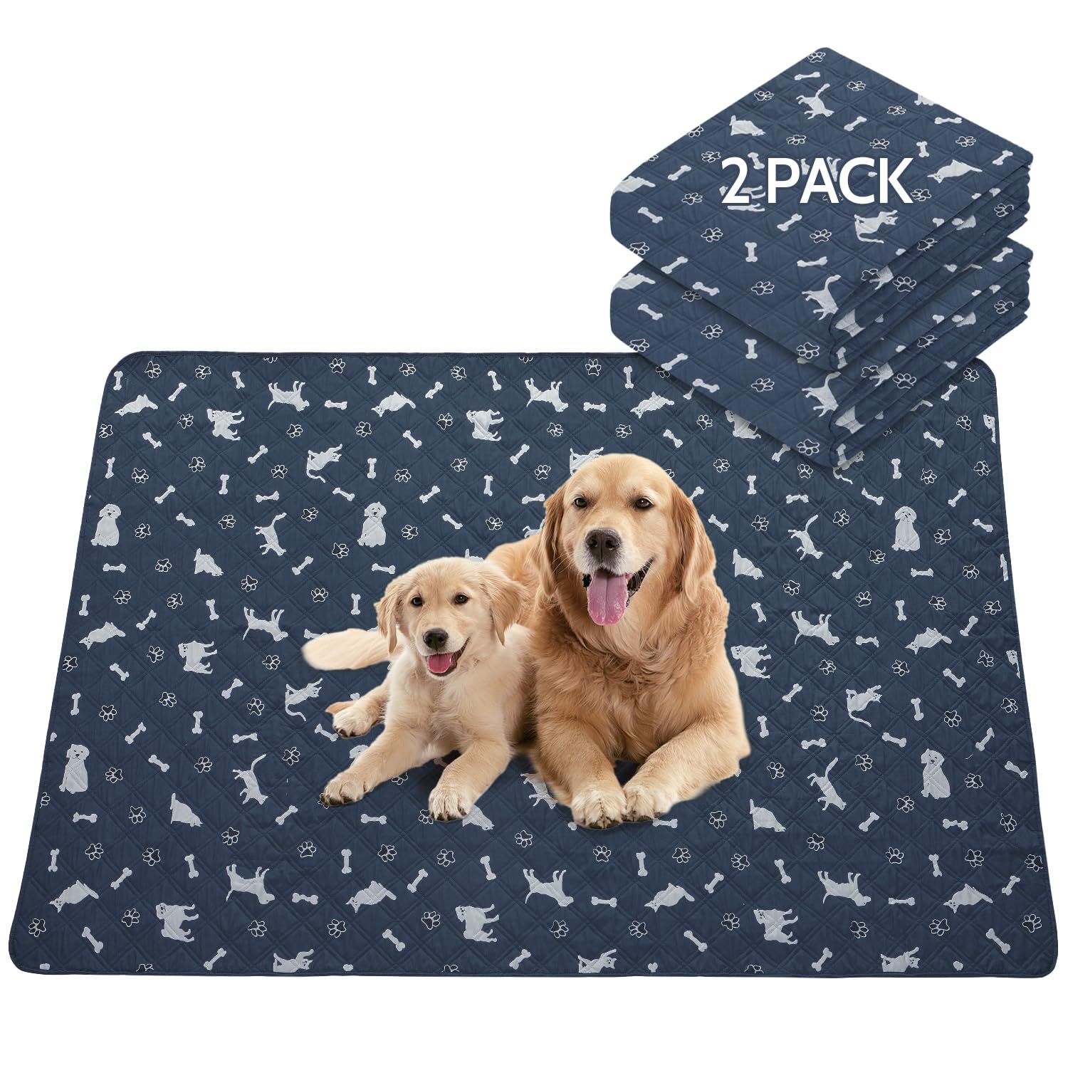 2 Pieces Dog Pee Pads - Navy Washable Dog Rugs Non-Slip Dark Blue Puppy Pads for Small Dogs, Water Absorb Training Pads