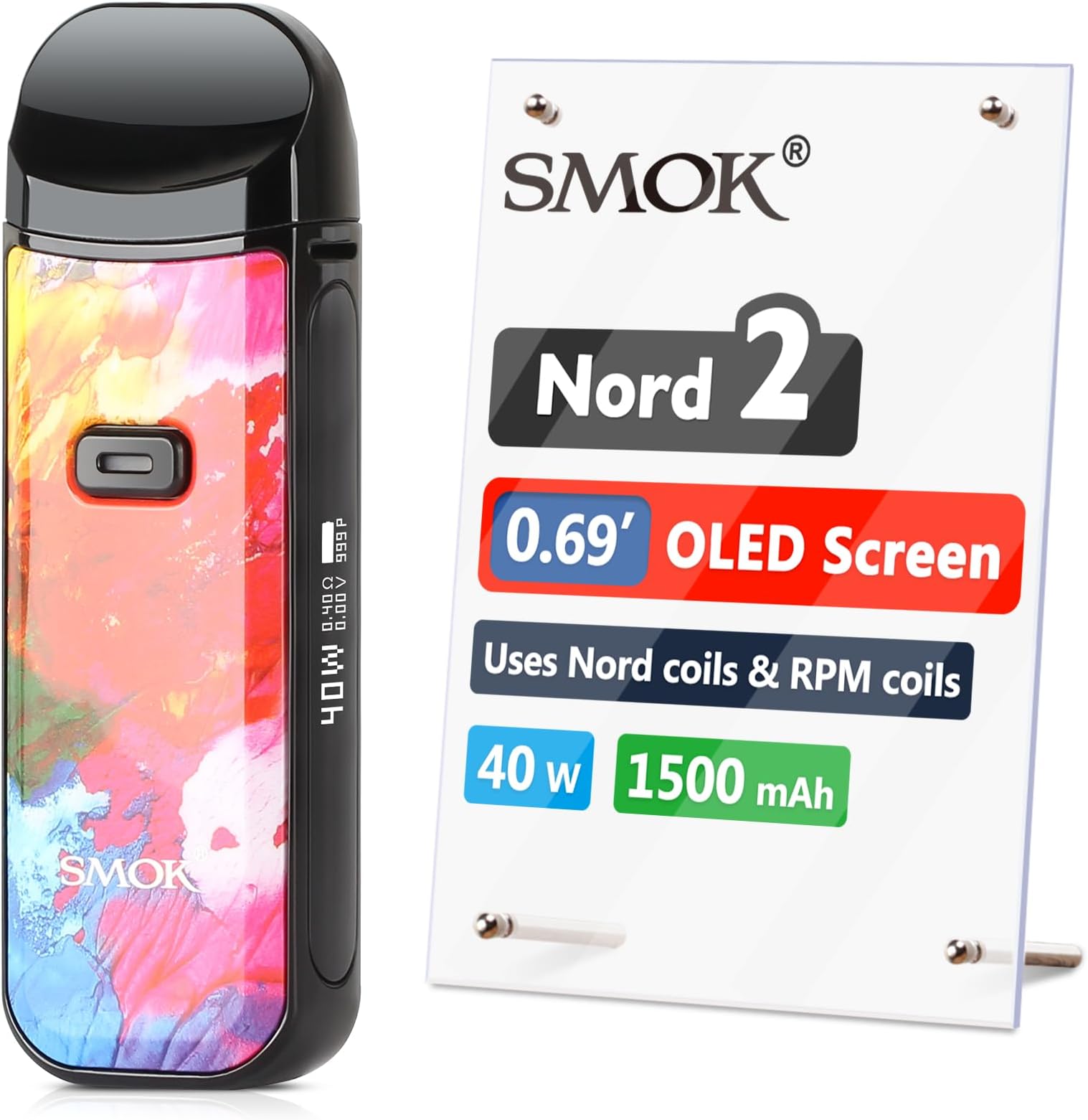 SMOK Nord 2, E Cigarette Vape Starter Kit, 40W 1500mAh, 2ml Airflow Control Vaping, 0.69inch OLED screen, USB-C Fast Charging, Using RPM and Nord Coils, No Nicotine, 7-Color