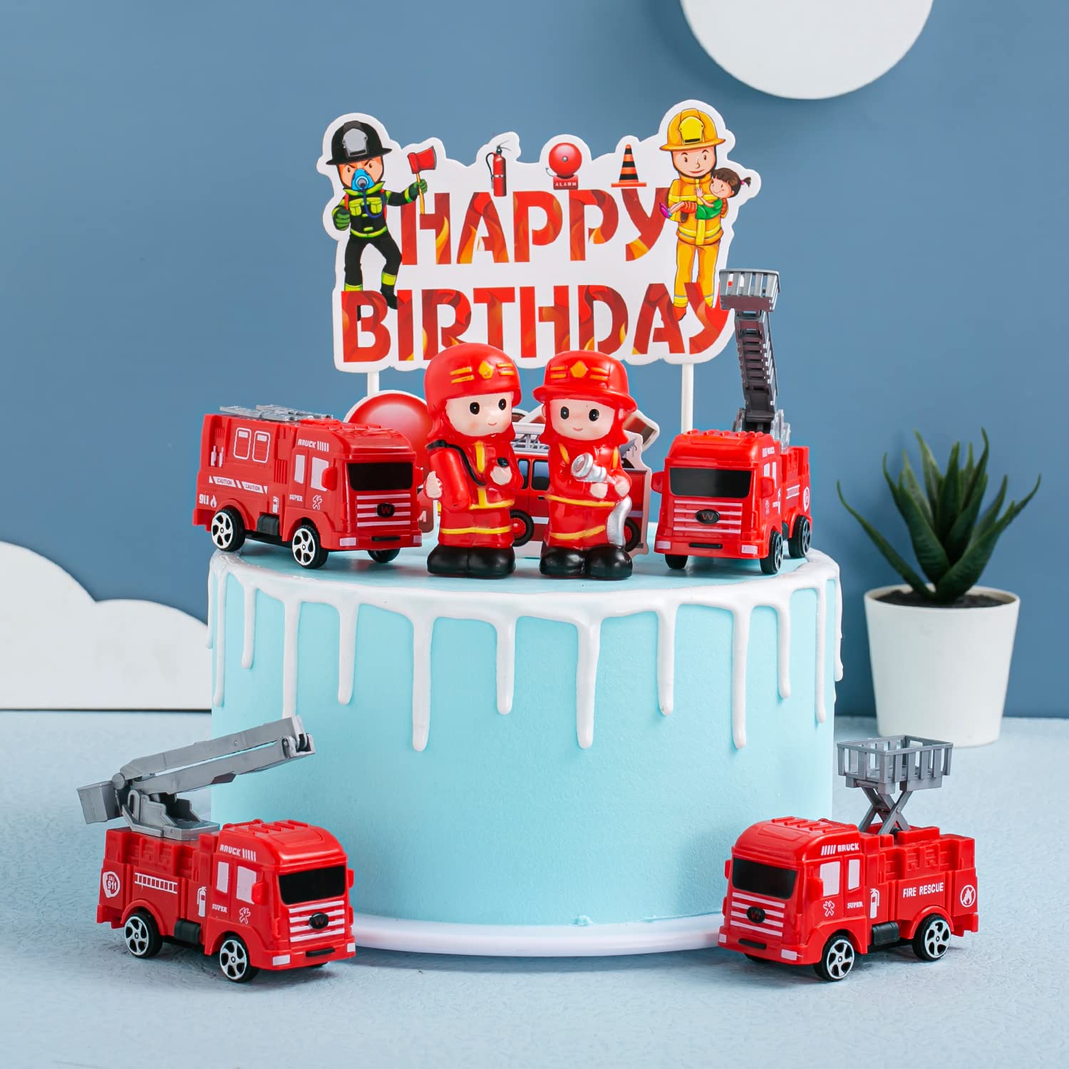 9 Pièces Décoration Anniversaire Pompier - Toppers Pour Gâteau Et Cupcakes - Thème Camion De Pompiers