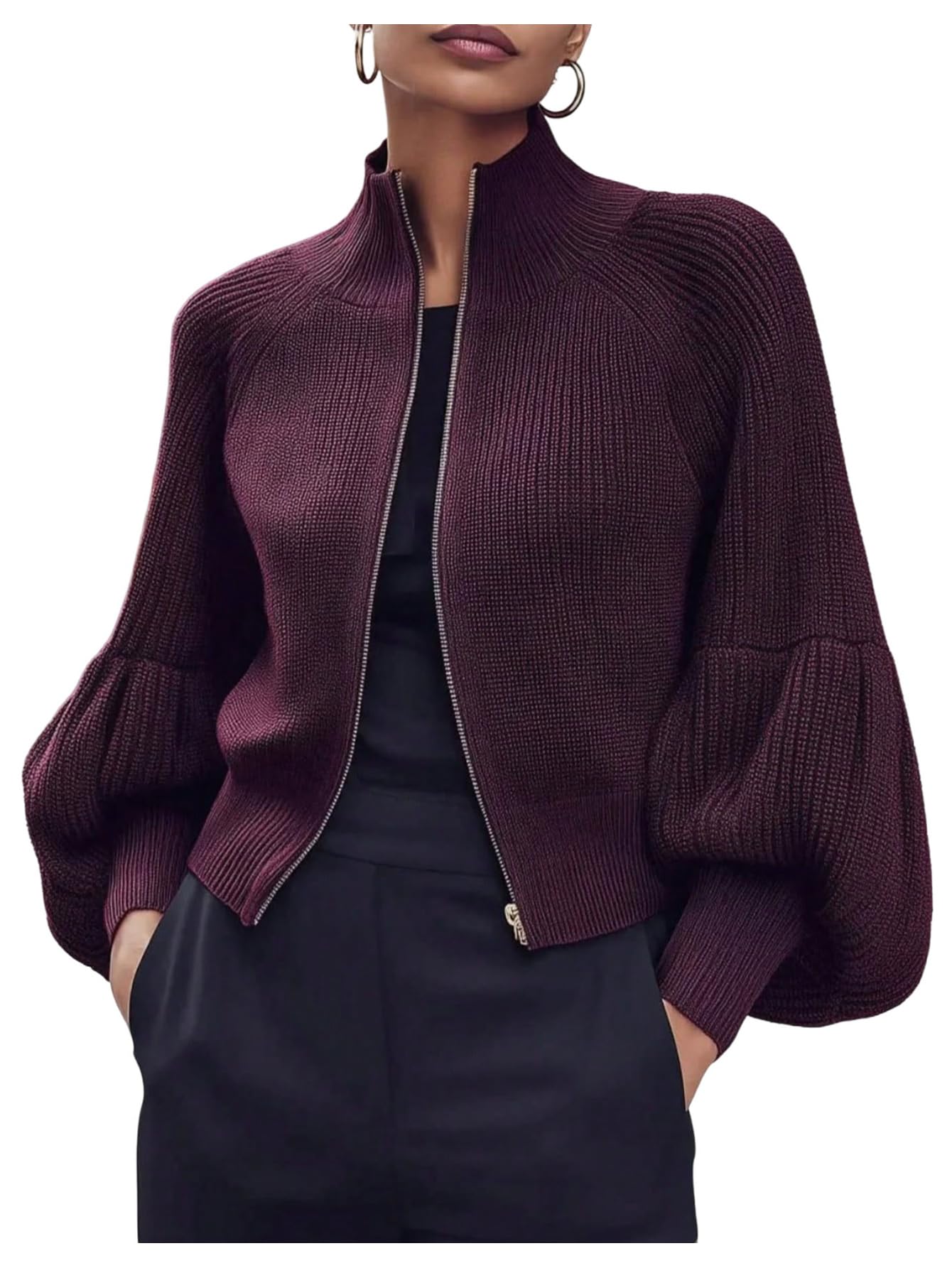 Women's Lantern Sleeve Stand Collar Sweaters Zip Up Knit Cardigan