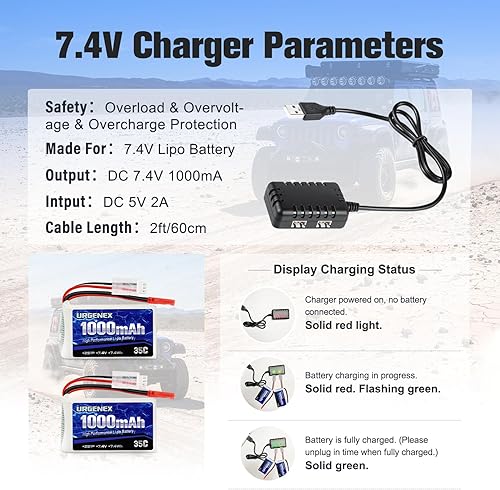 Miniatura 5 de URGENEX 2S Lipo Batería 7.4V 1000mAh 35C (Burst 70C) Batería recargable RC con enchufe JST compatible con WLtoys RC Cars A949 A959 A969 A979 K929 y