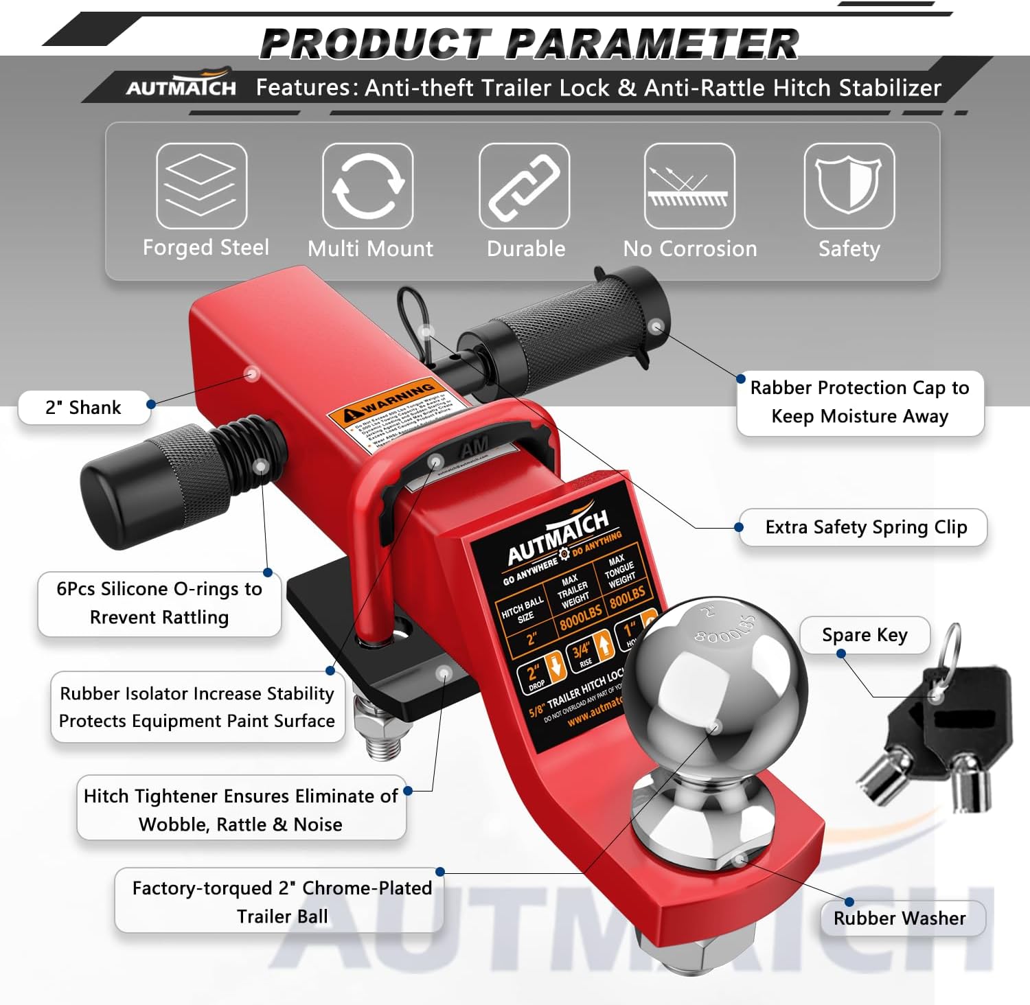 AUTMATCH Trailer Hitch Ball Mount with 2 Inch Hitch Ball - Fits 2" Receiver with Hitch Tightener, 8000Lbs Capacity Ball Hitch, 2-Inch Drop with 5/8" Hitch Lock Pin, Red - Image 4