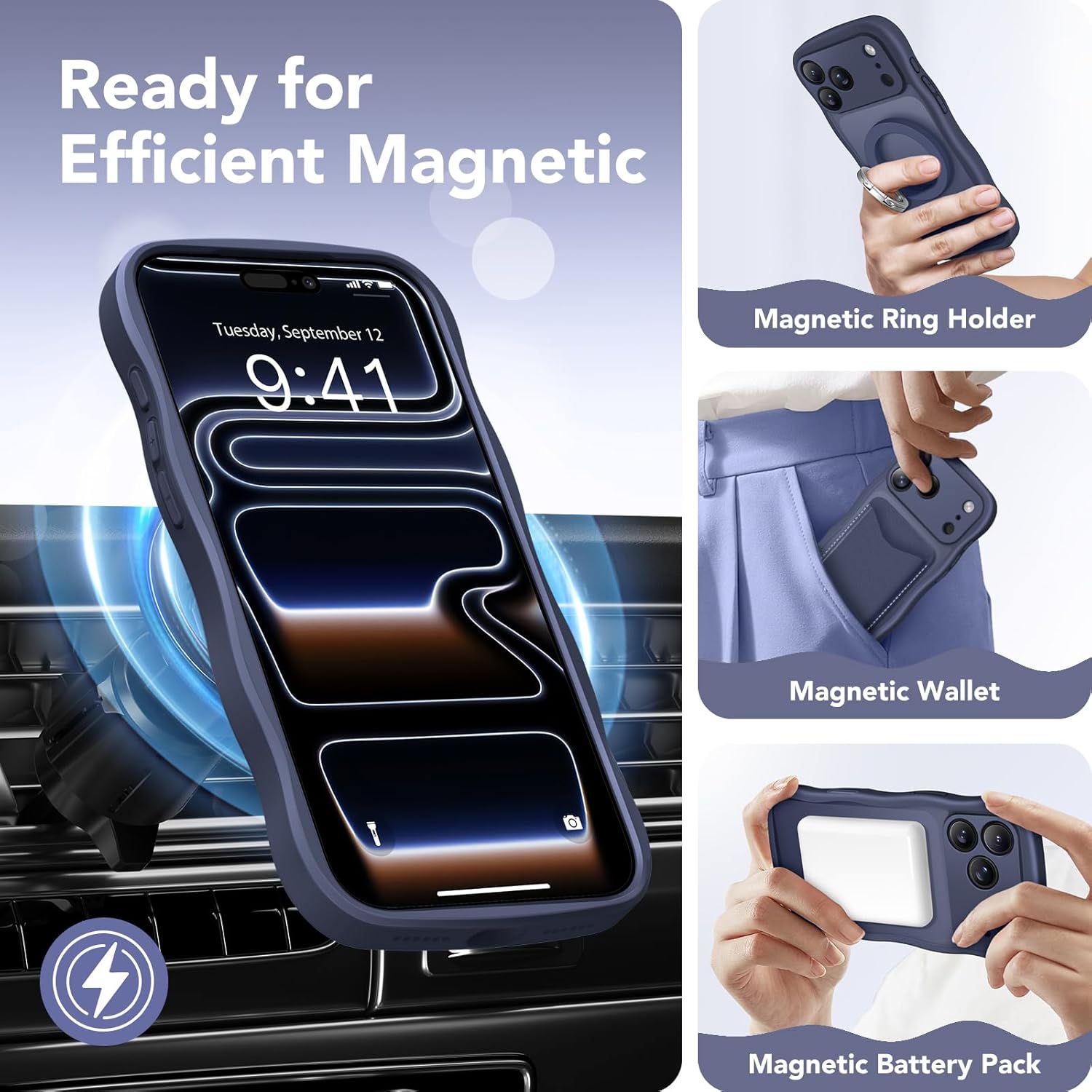 CAPRARO Magnetic for iPhone 17 Pro Max Case for Women Girls, Upgraded [Full Camera Protection] [Compatible with MagSafe] Cute Wave Translucent Matte Phone Case for iPhone 17 Pro Max, Dark Blue