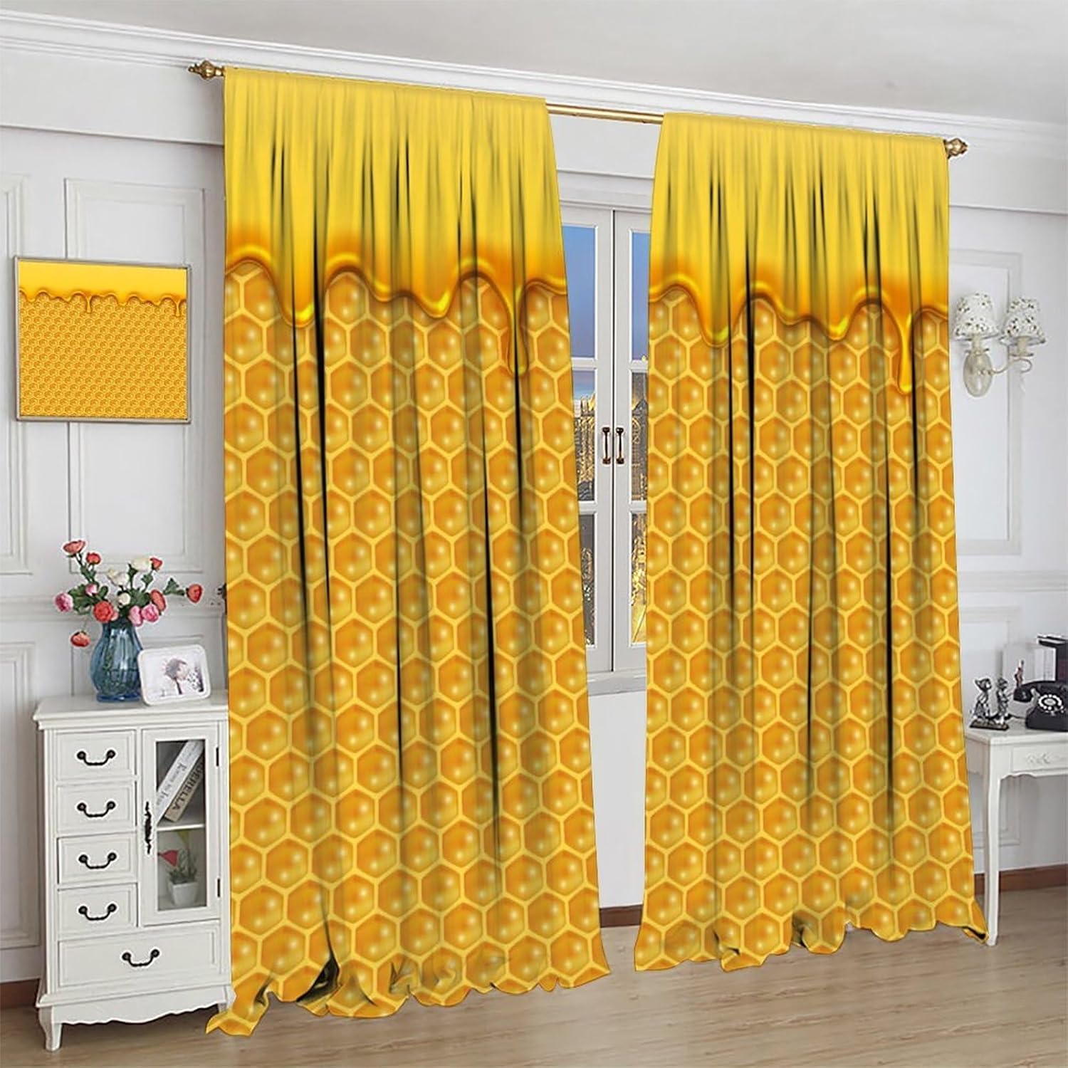Bee Honeycomb Curtains, Liquid Honey Pattern Blackout Window Treatments, Rod Pocket Thermal Insulated Drapes 2 Panel Sets for Bedroom Living Room Kitchen, 42" W X 45" L