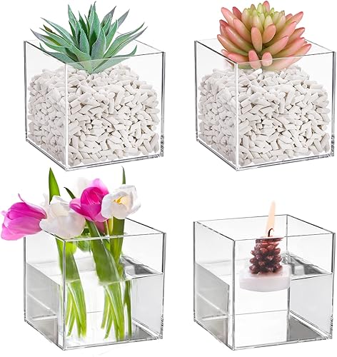 Kingrol 4 Pack Clear Acrylic Vase for Flowers Break Resistant Vase for Home Wedding Party Centerpieces Decor 4 x 4 x 4 Inches Square