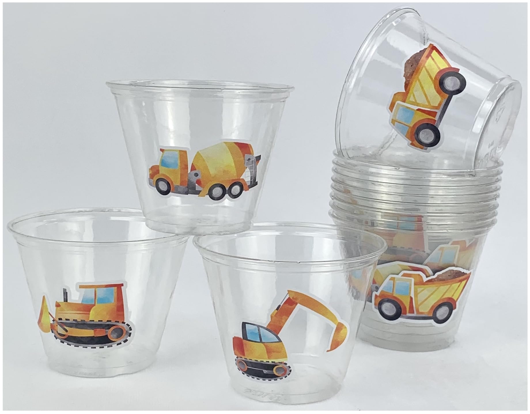 Construction Vehicle Party Cups, 8 oz, Set of 12, Disposable Clear Plastic, Assorted Designs