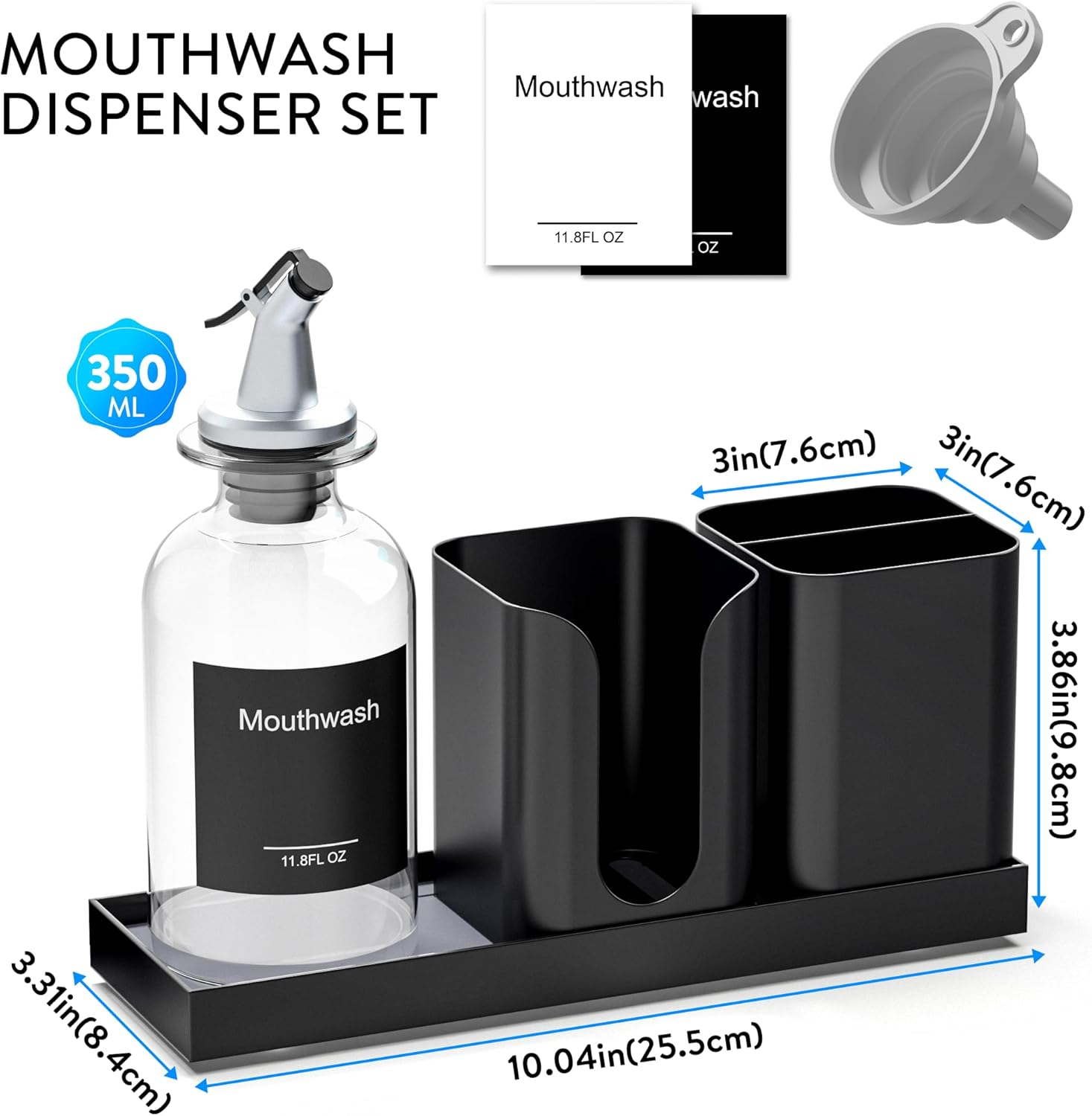 Moforoco Glass Mouthwash Dispenser with Toothbrush Holders, 11.8Oz Mouth Wash Bottle Container with Cup Holder, Funnel, Labels, and Drying Stone Tray, Bathroom Decor Accessories Set, Black