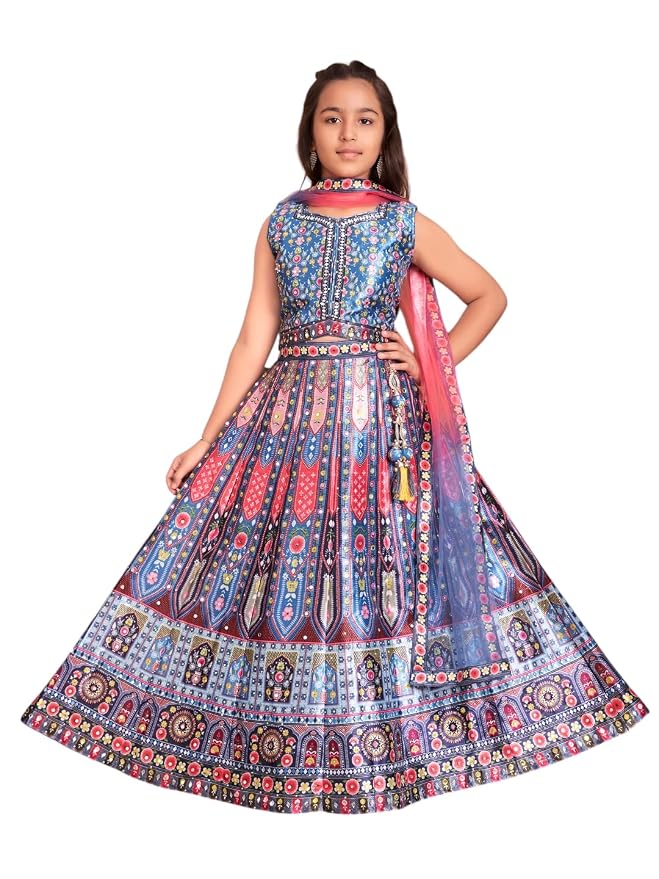 Aarika Girls Ethnic Wear Teal Blue Colour Floral Print/Embellished Lehenga Choli Set With Dupatta