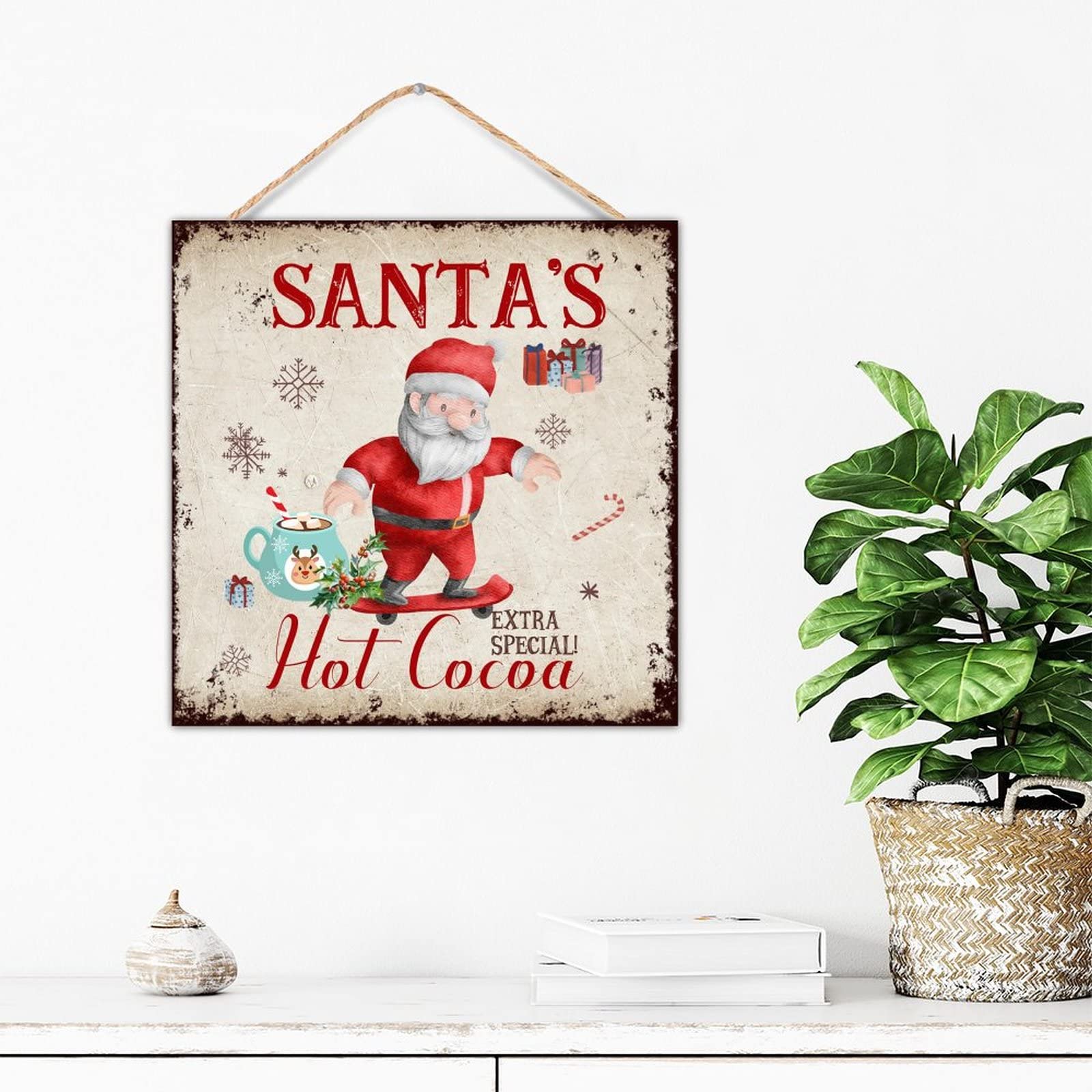 Plaque en bois personnalisée Santa's Hot Cocoa pour égayer un bureau triste 30cm