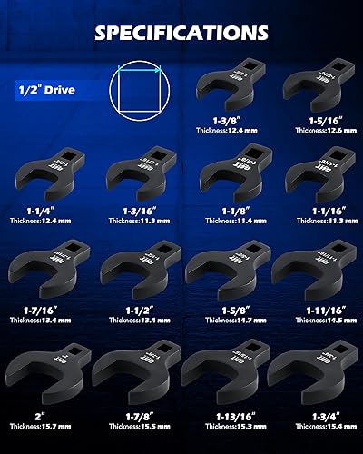 Miniatura 3 de Orion Motor Tech Juego de 14 llaves jumbo para patas de cuervo, juego de llaves SAE para tuercas de 1-1/16 a 2 pulgadas para trinquetes y extensores