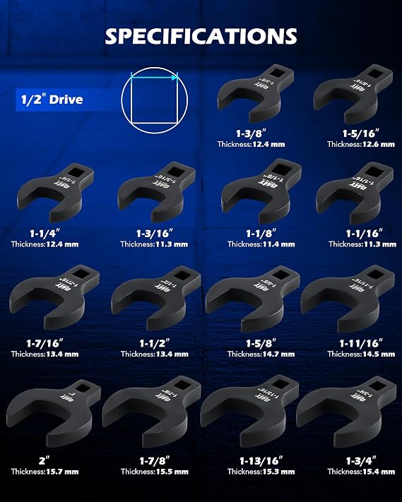 OMT 14pc Jumbo Crowfoot Wrench Set, 1/2 Inch Drive SAE Flare Nut Line Kit