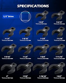 OMT 14pc Jumbo Crowfoot Wrench Set, 1/2 Inch Drive SAE Flare Nut Line Kit