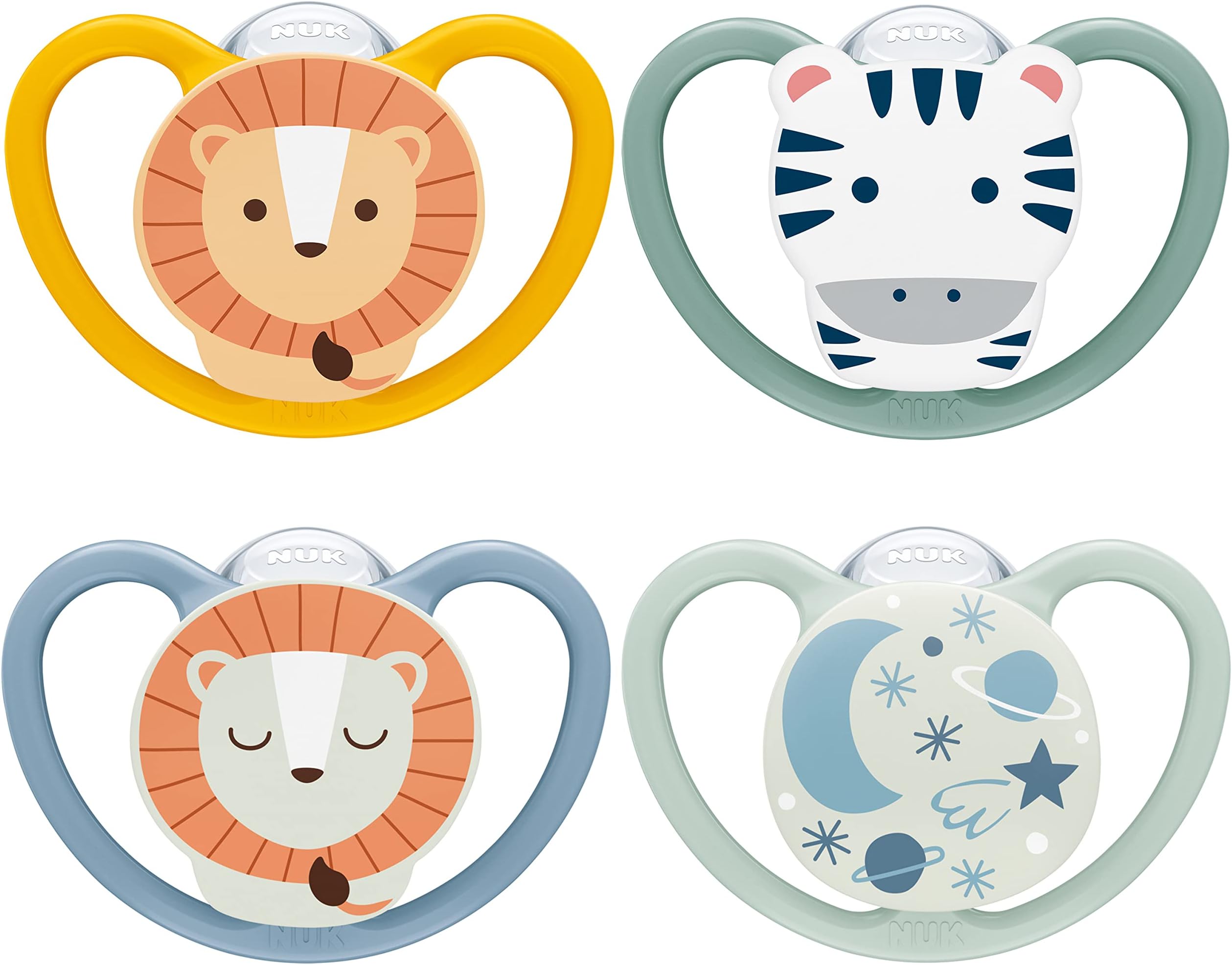 Space Day & Night Baby Dummy | 18-36 Months | Glow-in-the-Dark Soothers with Extra Ventilation for Sensitive Skin | BPA-Free Silicone | Zebra & Lion | 4 Count